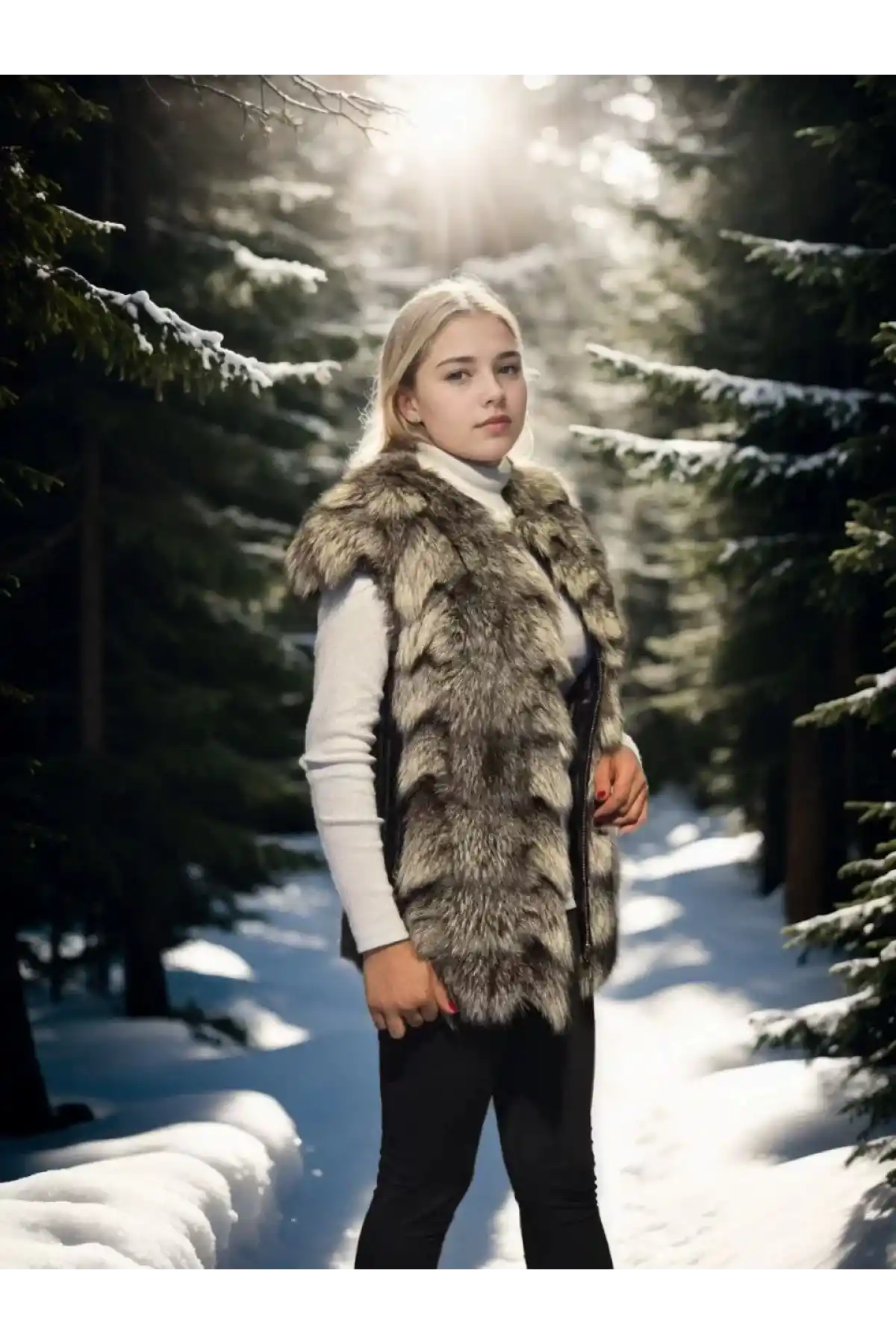 Kadın Kolsuz Hakiki Deri Kürk - Siyah