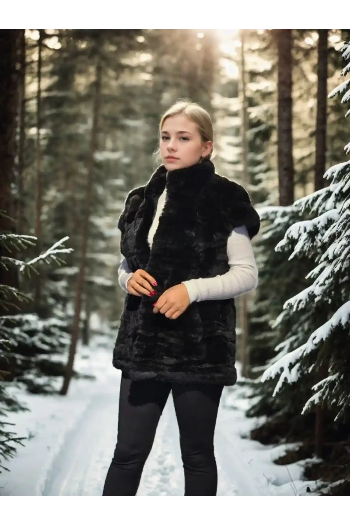 Kadın Kolsuz Hakiki Kürk - Siyah