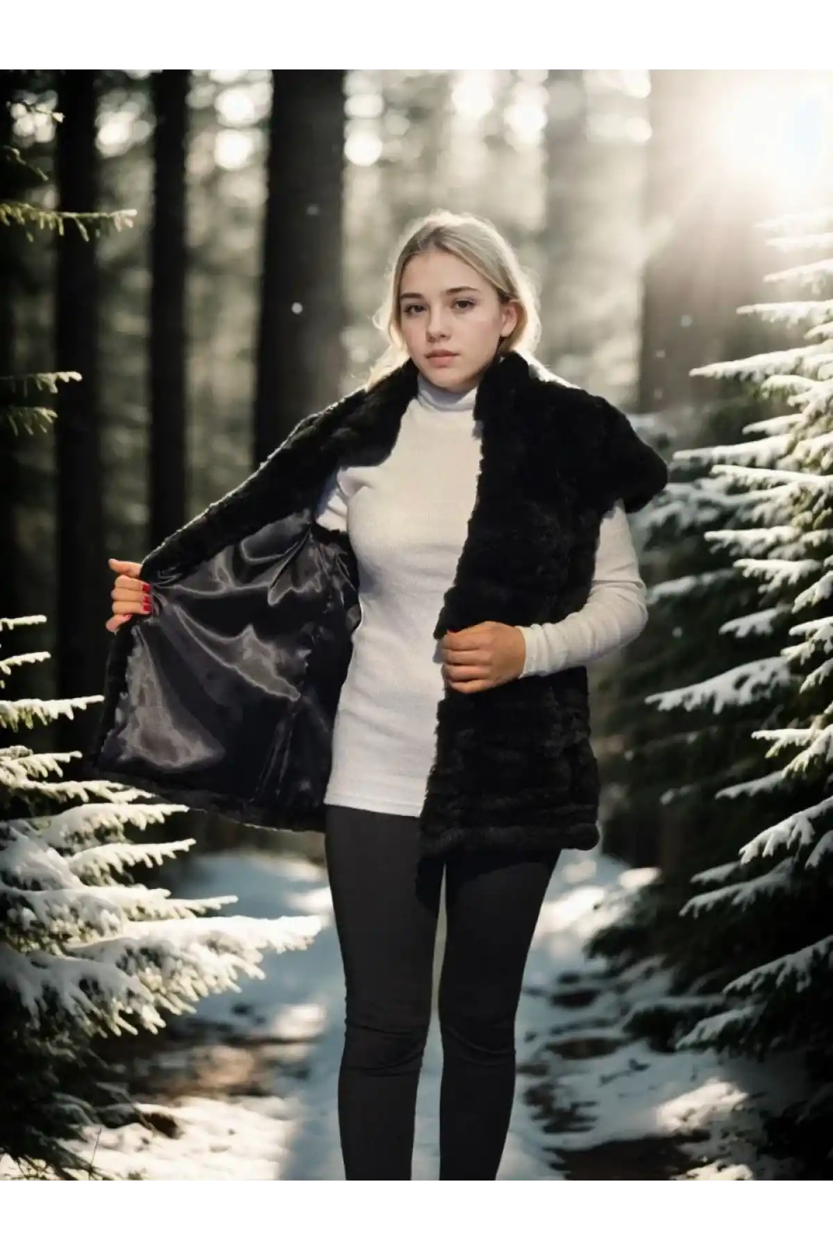 Kadın Kolsuz Hakiki Kürk - Siyah