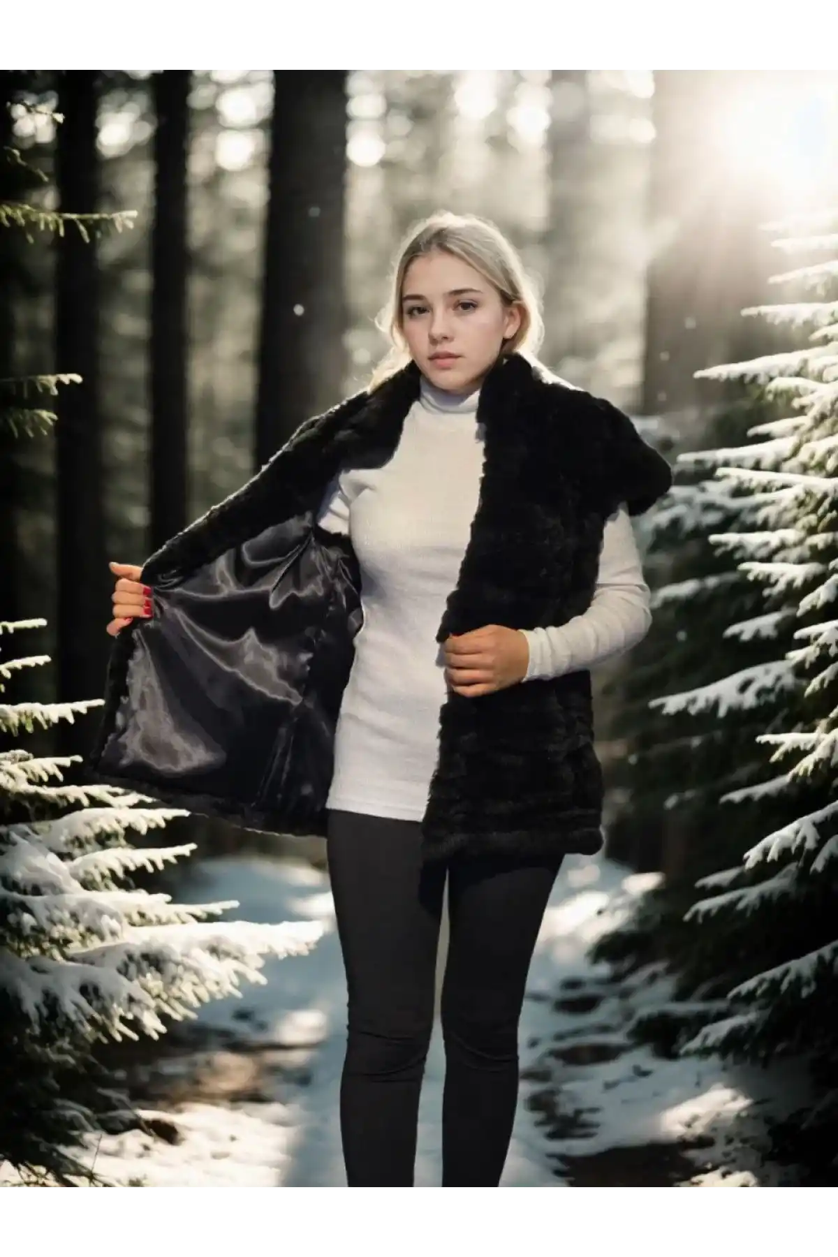 Kadın Kolsuz Hakiki Kürk - Siyah