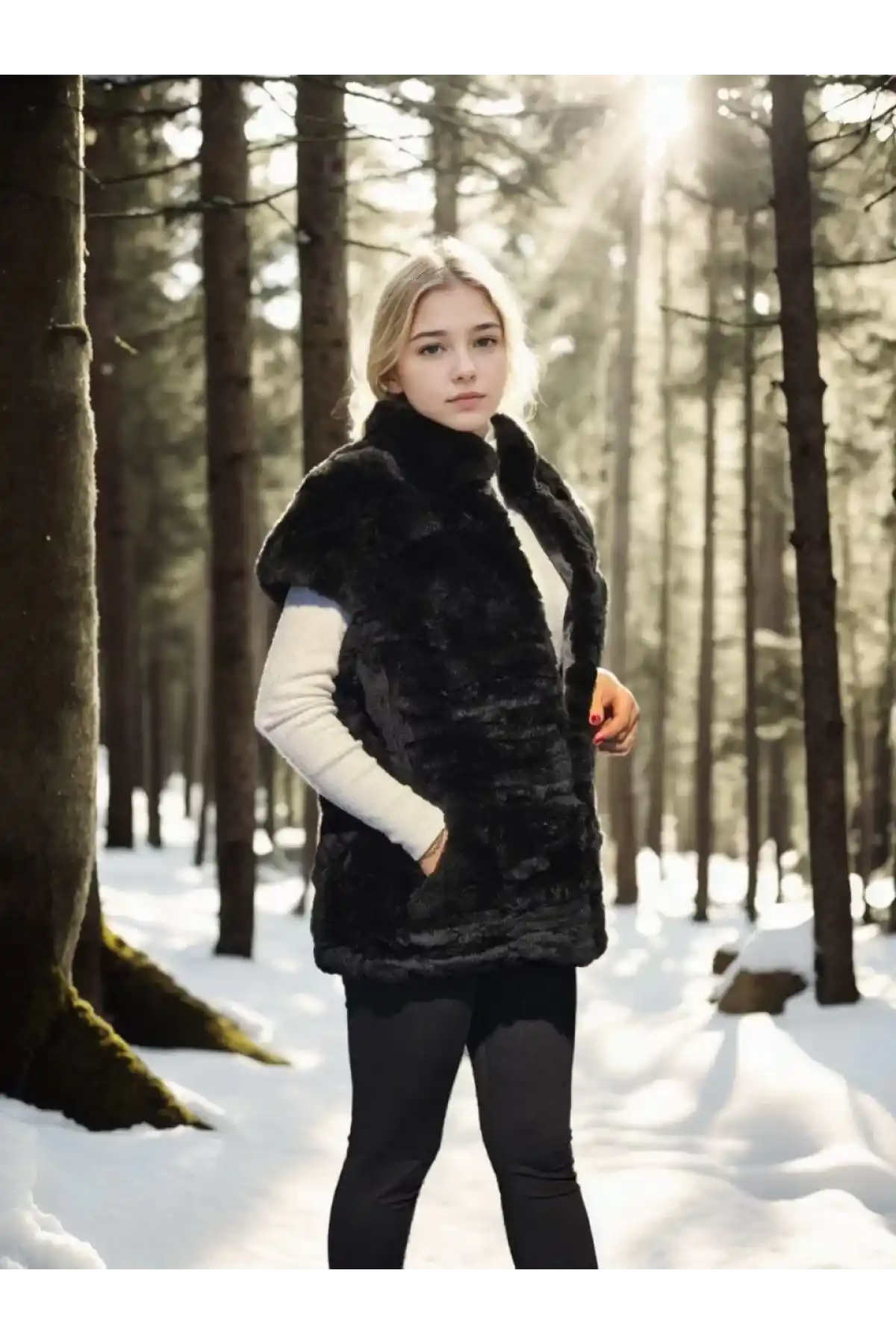 Kadın Kolsuz Hakiki Kürk - Siyah