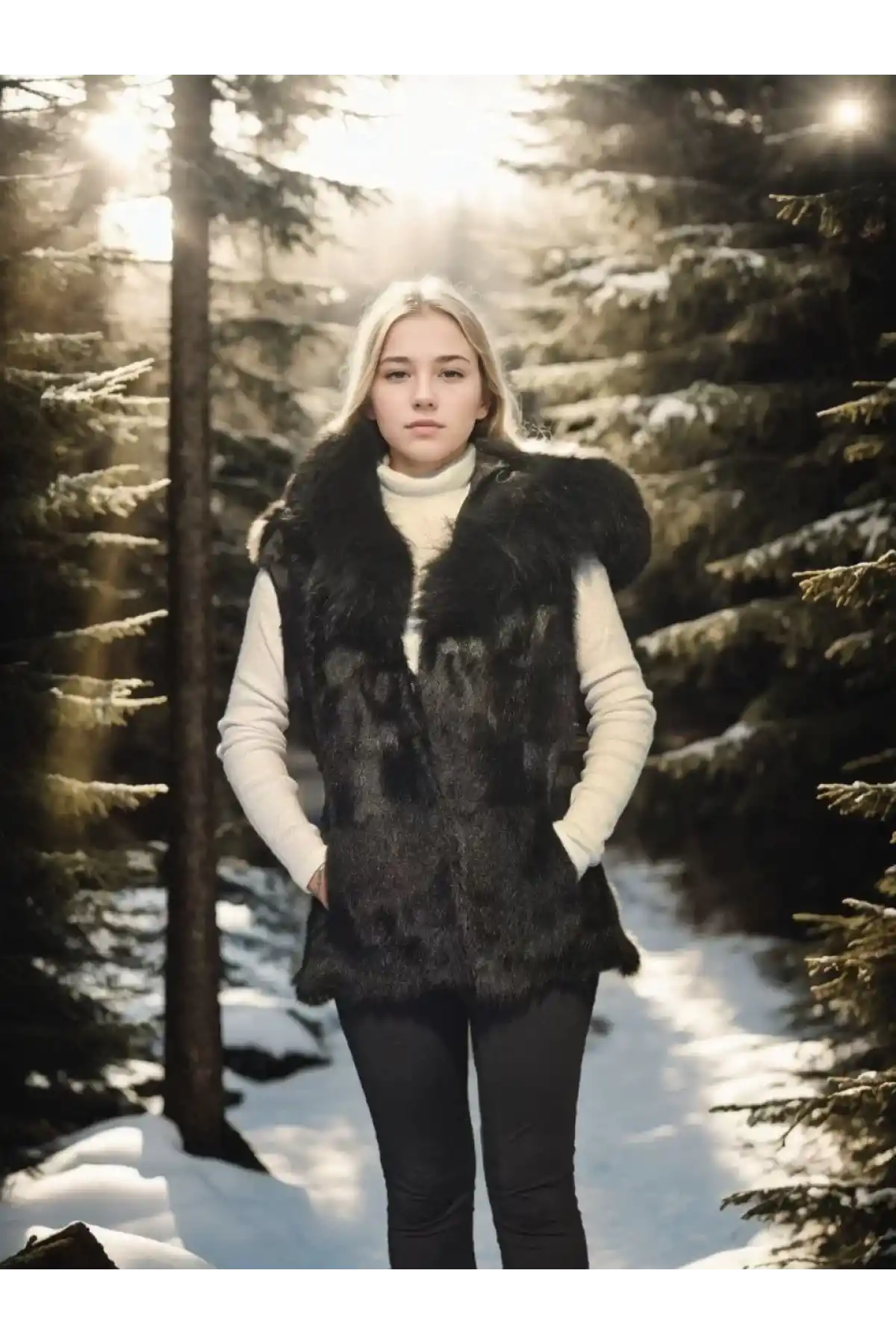 Kadın Kolsuz Kapüşonlu Yelek - Siyah