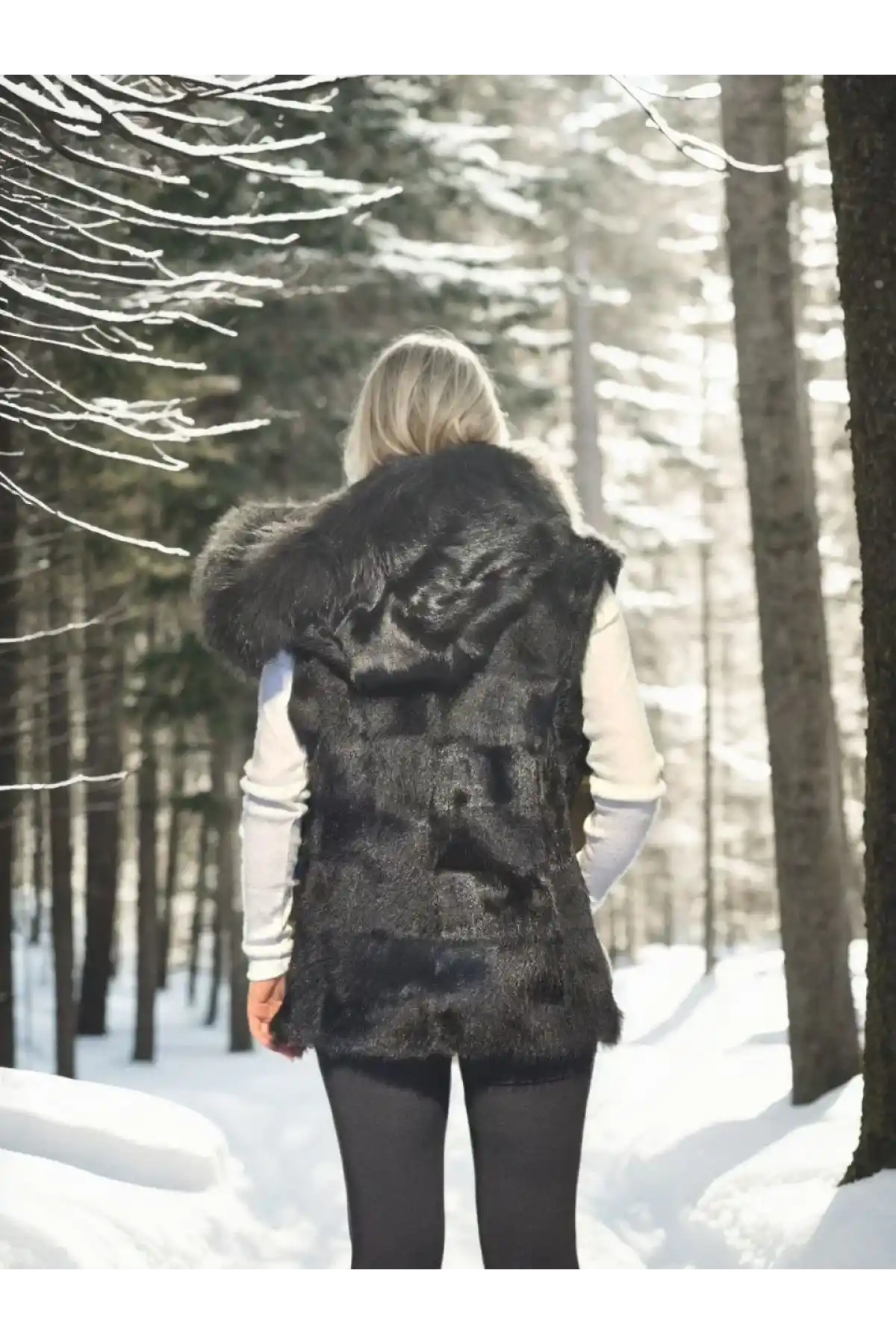 Kadın Kolsuz Kapüşonlu Yelek - Siyah