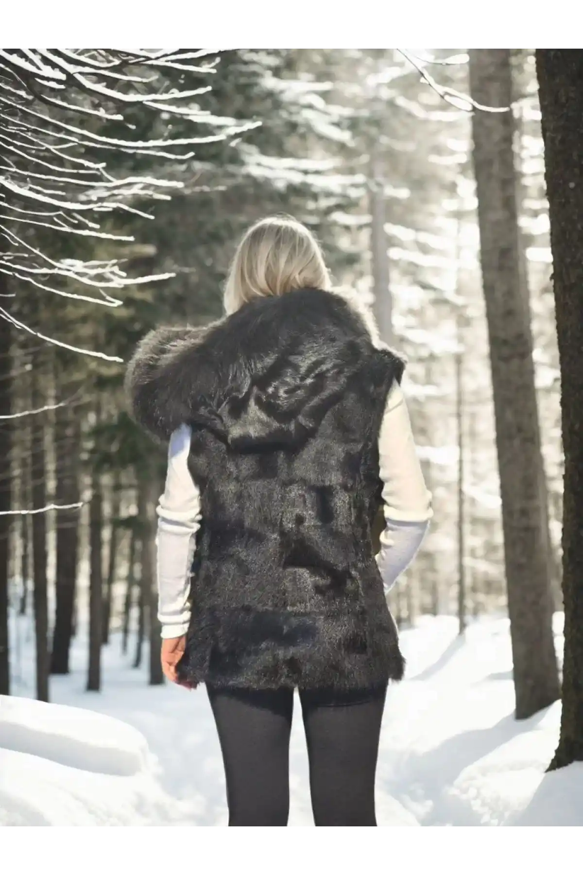 Kadın Kolsuz Kapüşonlu Yelek - Siyah