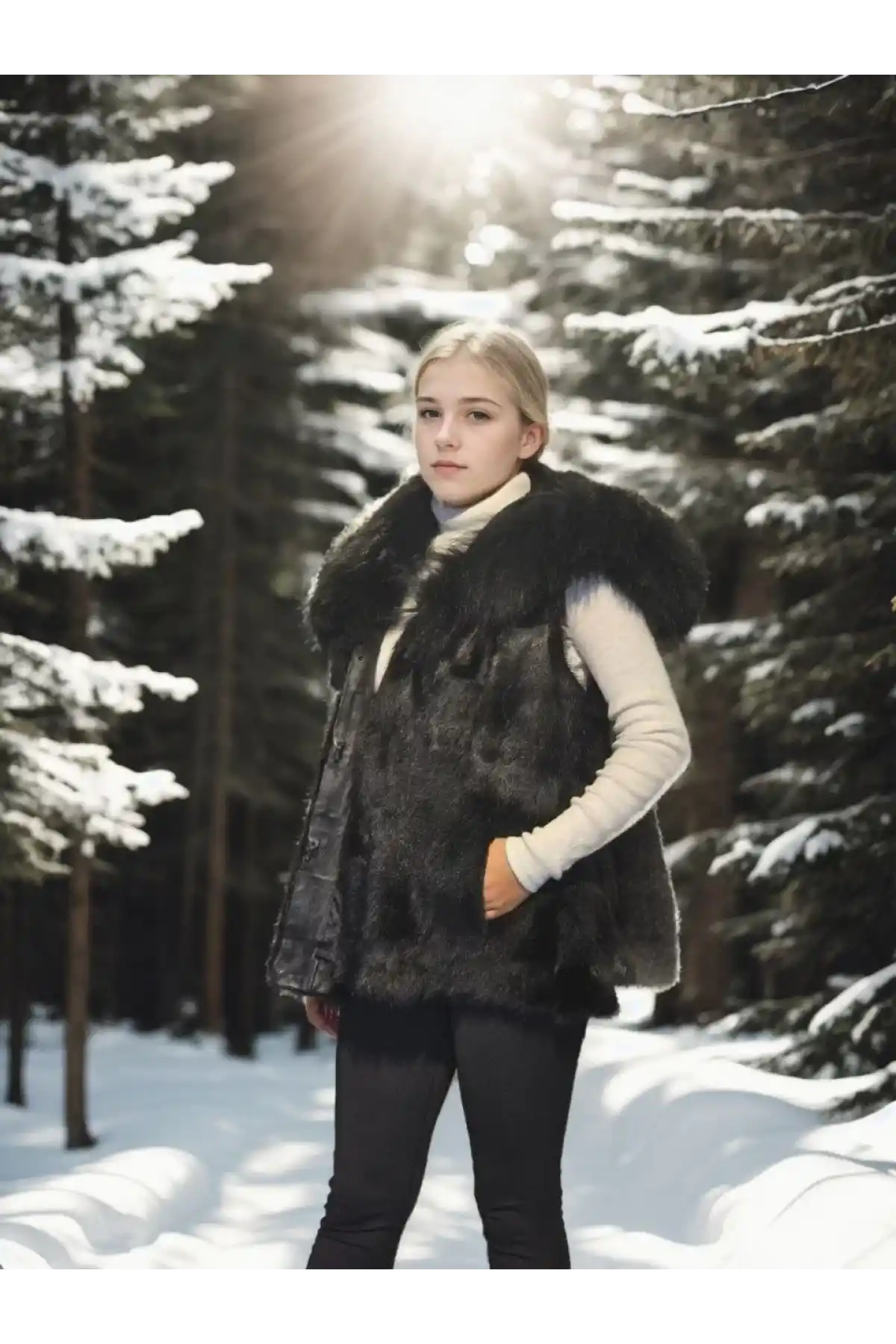 Kadın Kolsuz Kapüşonlu Yelek - Siyah