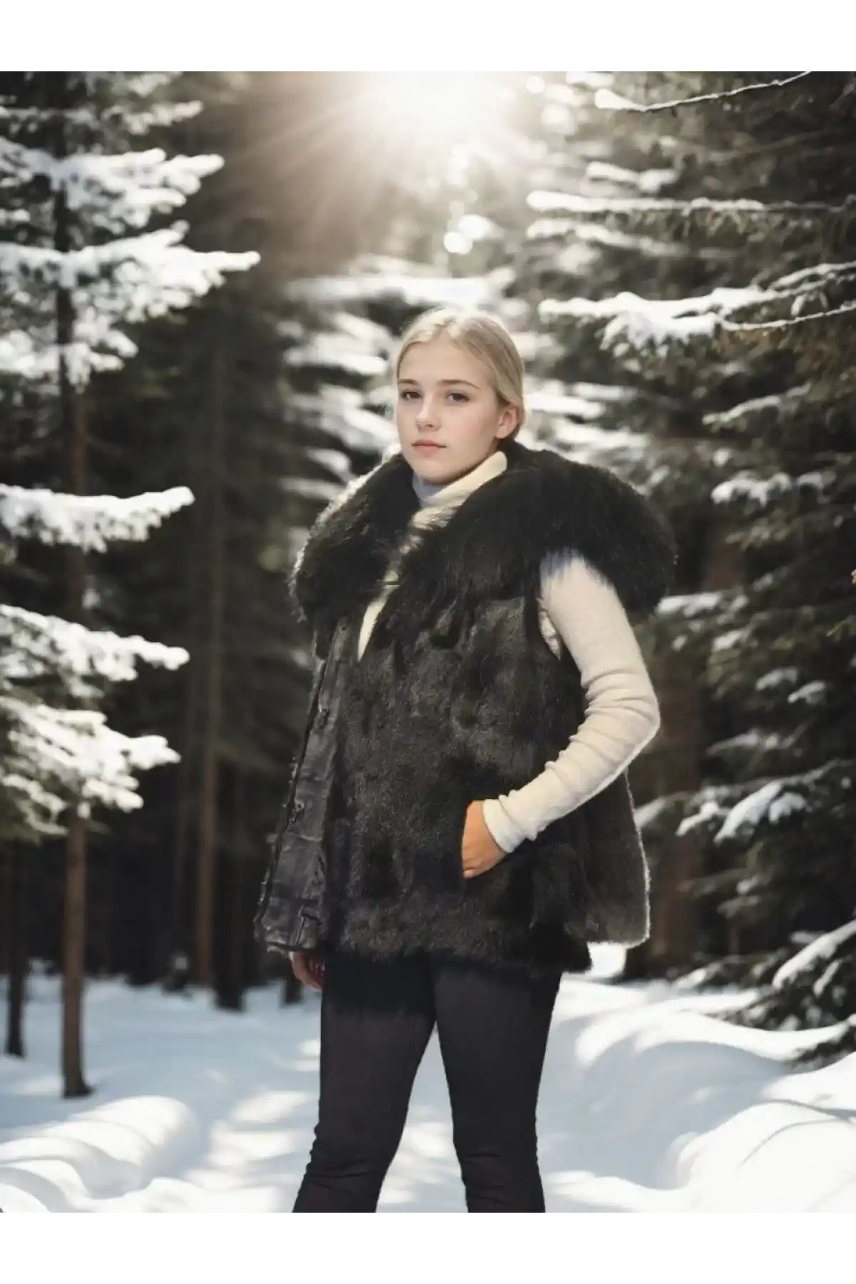 Kadın Kolsuz Kapüşonlu Yelek - Siyah