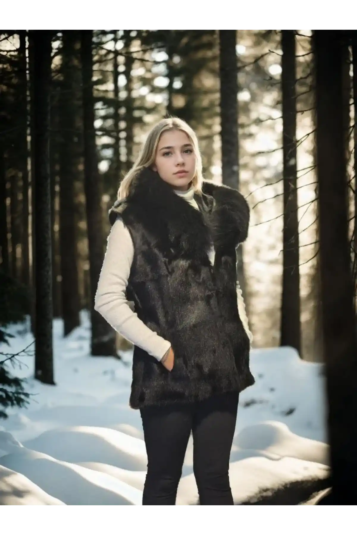 Kadın Kolsuz Kapüşonlu Yelek - Siyah