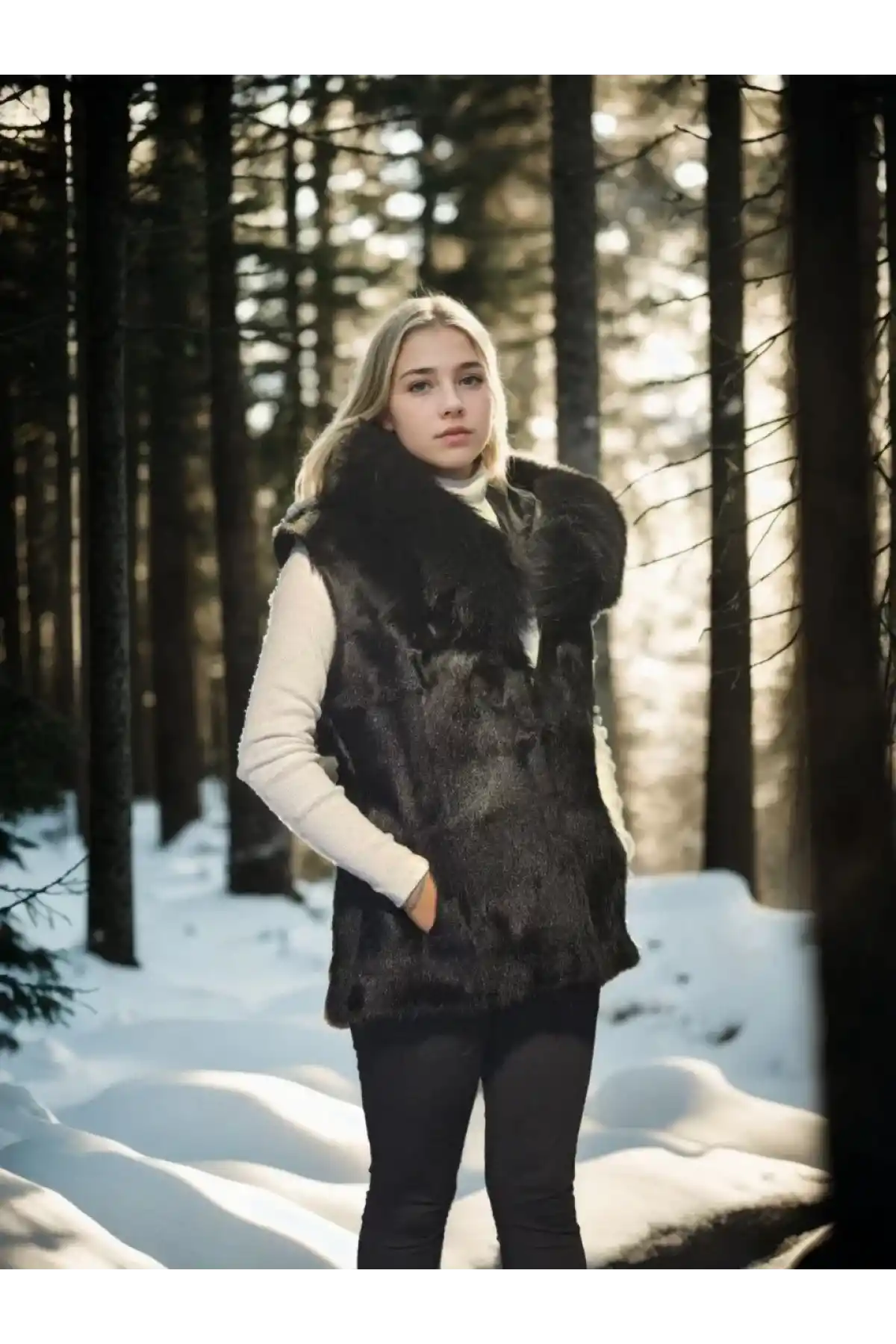 Kadın Kolsuz Kapüşonlu Yelek - Siyah