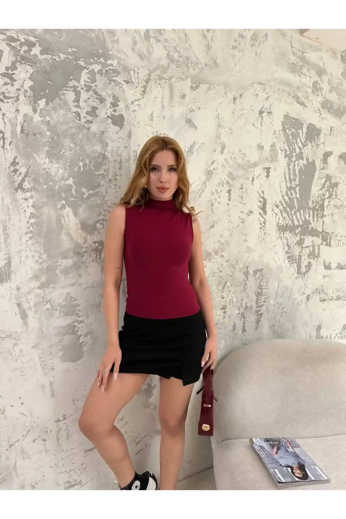 Kadın Kolsuz Yarım Bağazlı Badi bluz - Bordo