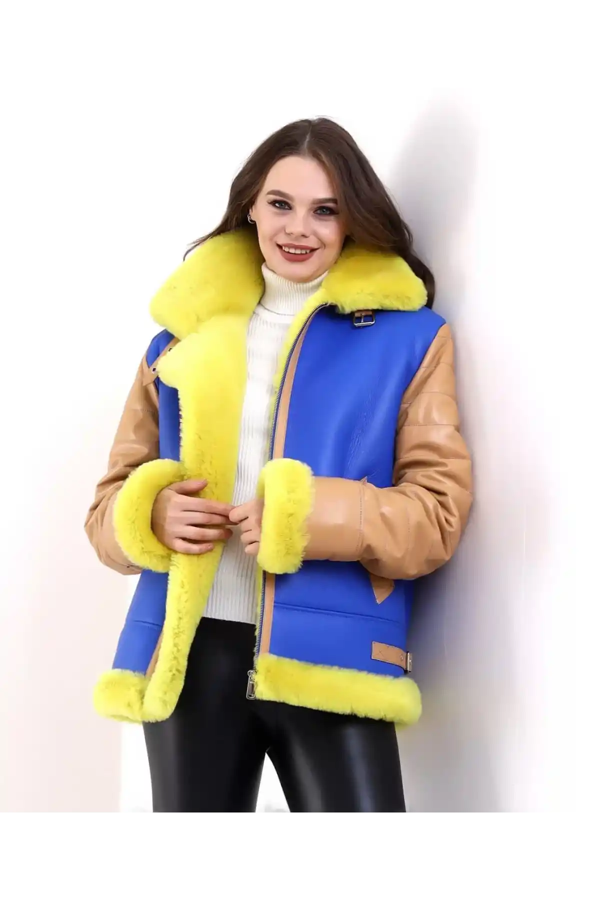 Kadın Koyun Derisi Pilot Hakiki Kürk - Sarı