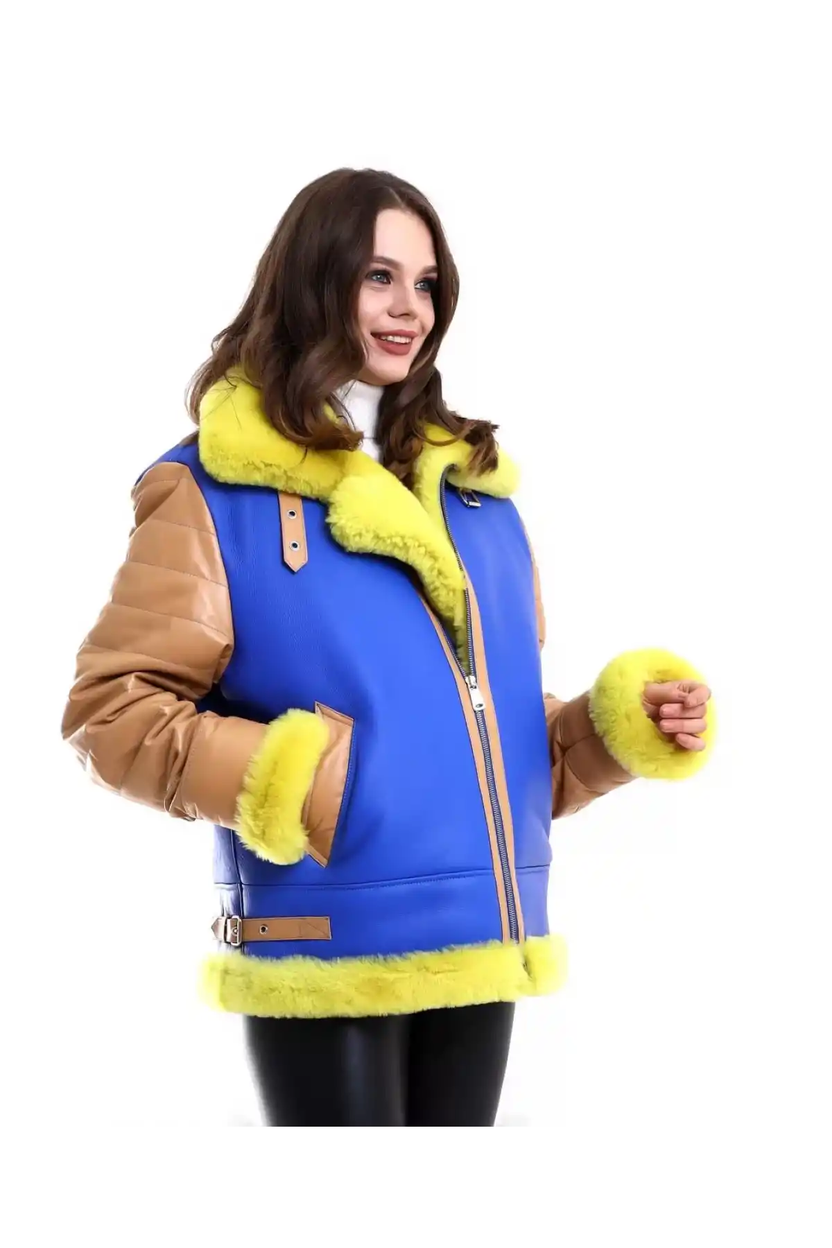 Kadın Koyun Derisi Pilot Hakiki Kürk - Sarı