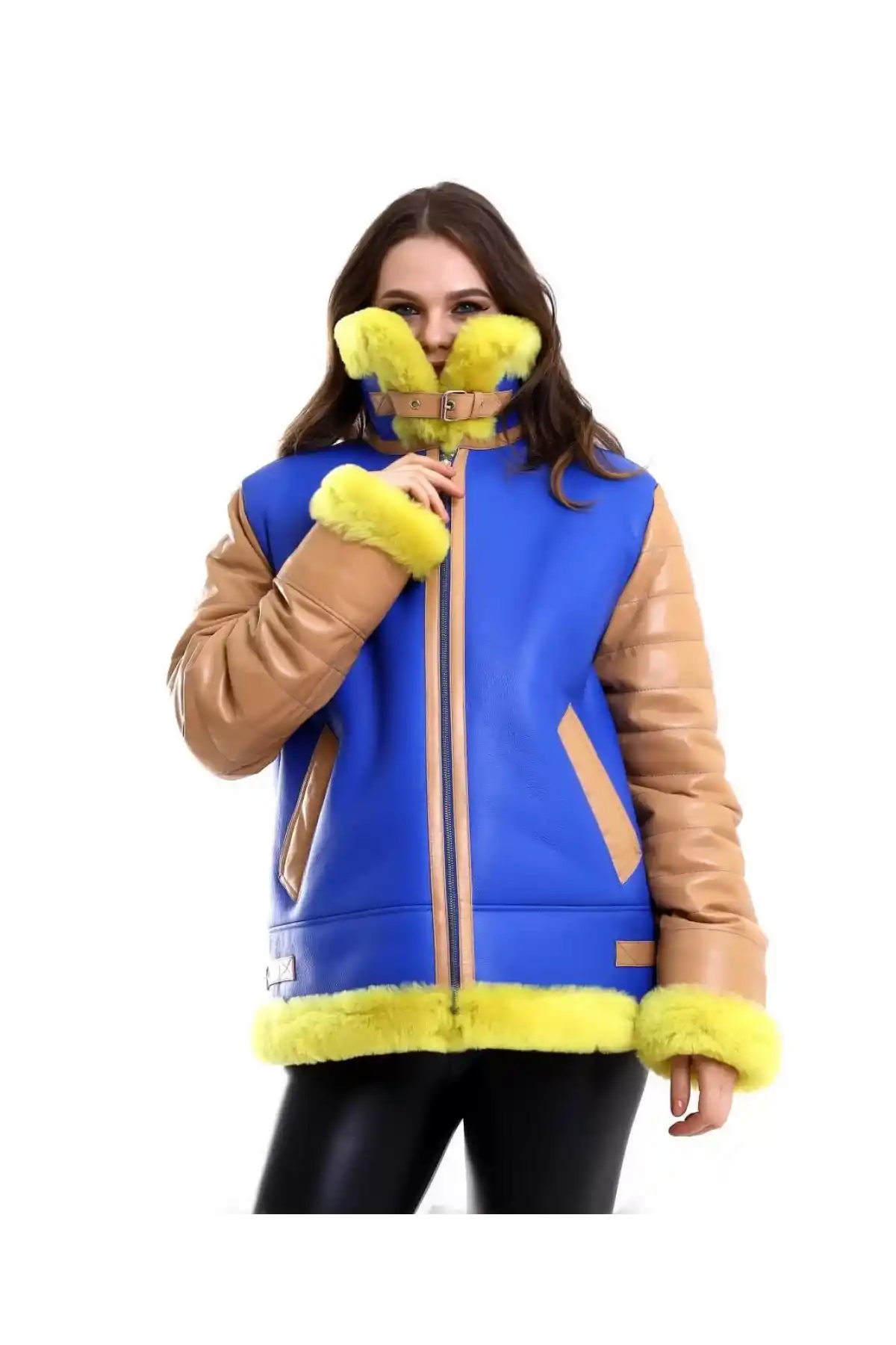 Kadın Koyun Derisi Pilot Hakiki Kürk - Sarı