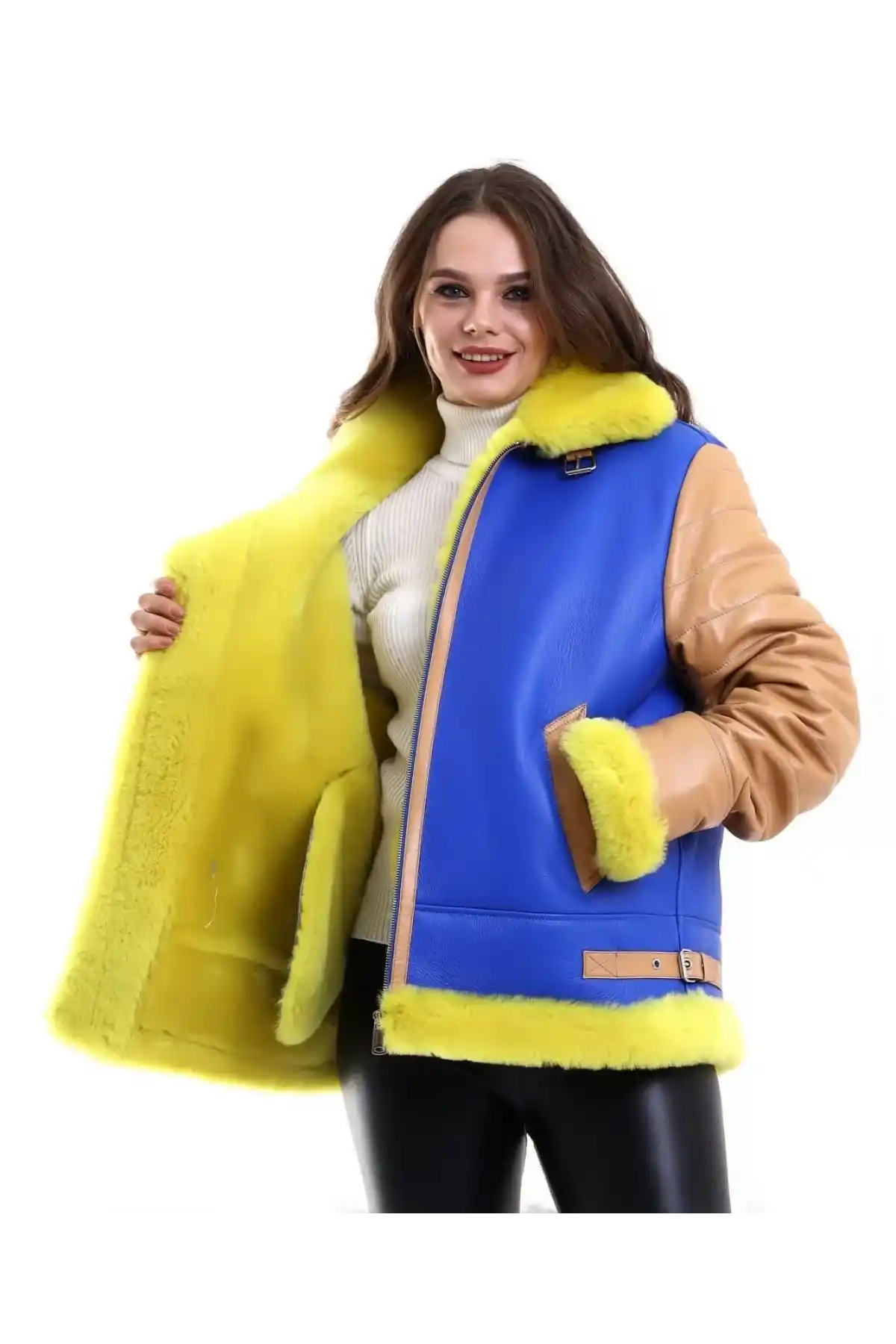 Kadın Koyun Derisi Pilot Hakiki Kürk - Sarı