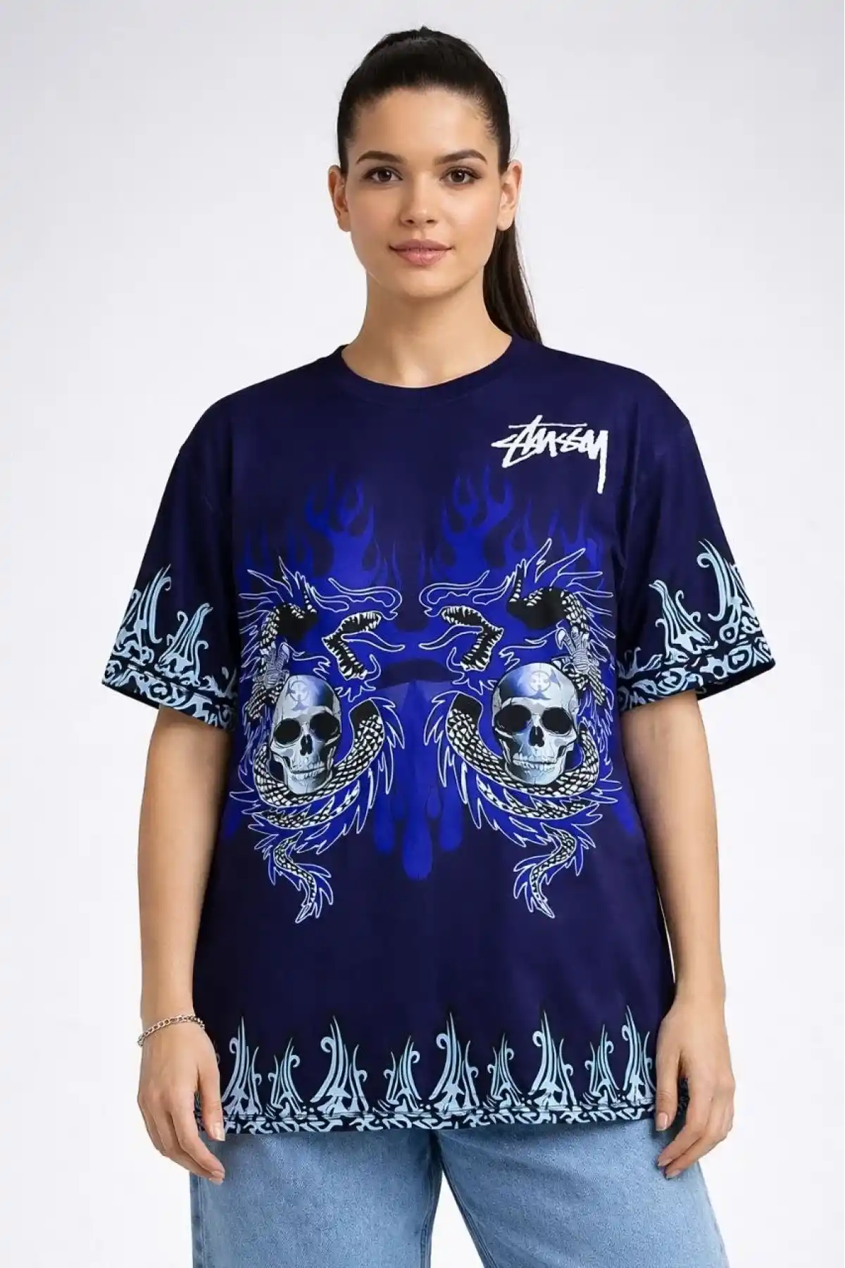 Kadın Lacivert Oversize Tişört Dragon & Kuru Kafa Baskılı Bisiklet Yaka T-Shirt - Lacivert