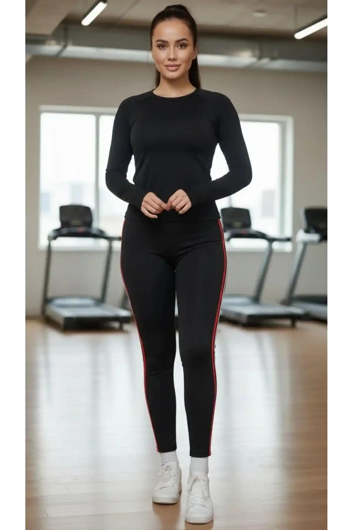 Kadın Likralı Penye Yanı Kırmızı Beyaz Şeritli Dar Kalıp Spor Tayt - Siyah