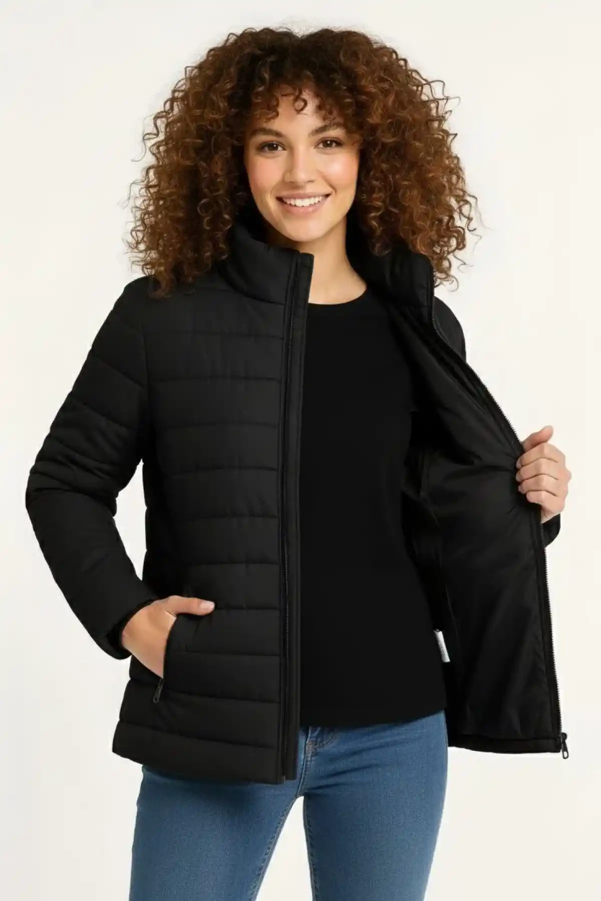 Kadın Mikro Su İtici Kapitone Baskılı Astarlı Fermuarlı Bomber Mont - Siyah