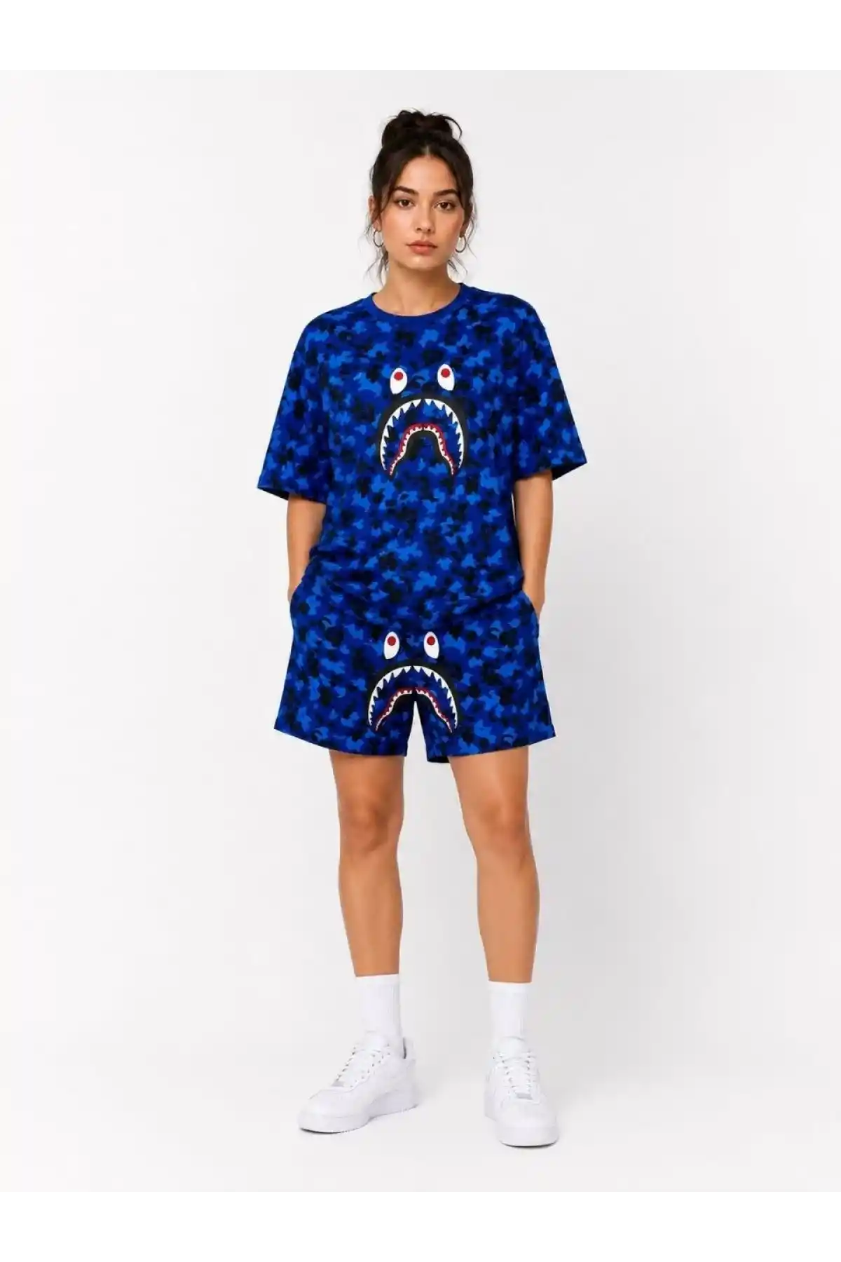 Kadın Oversize Kalıp Pubg Bape X Shark Nakışlı Cepli Şort Takım - Mavi