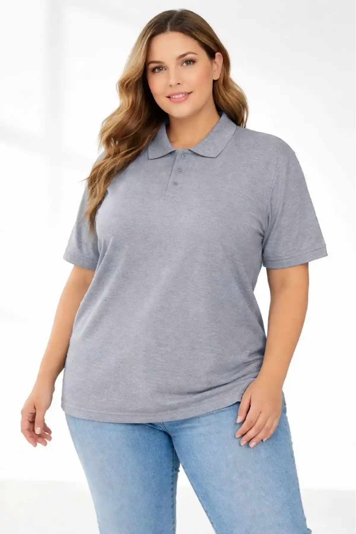 Kadın Pike Kumaş Düğmeli Yaka Battal Büyük Beden Günlük Kısa kol Tişört T-shirt - Gri