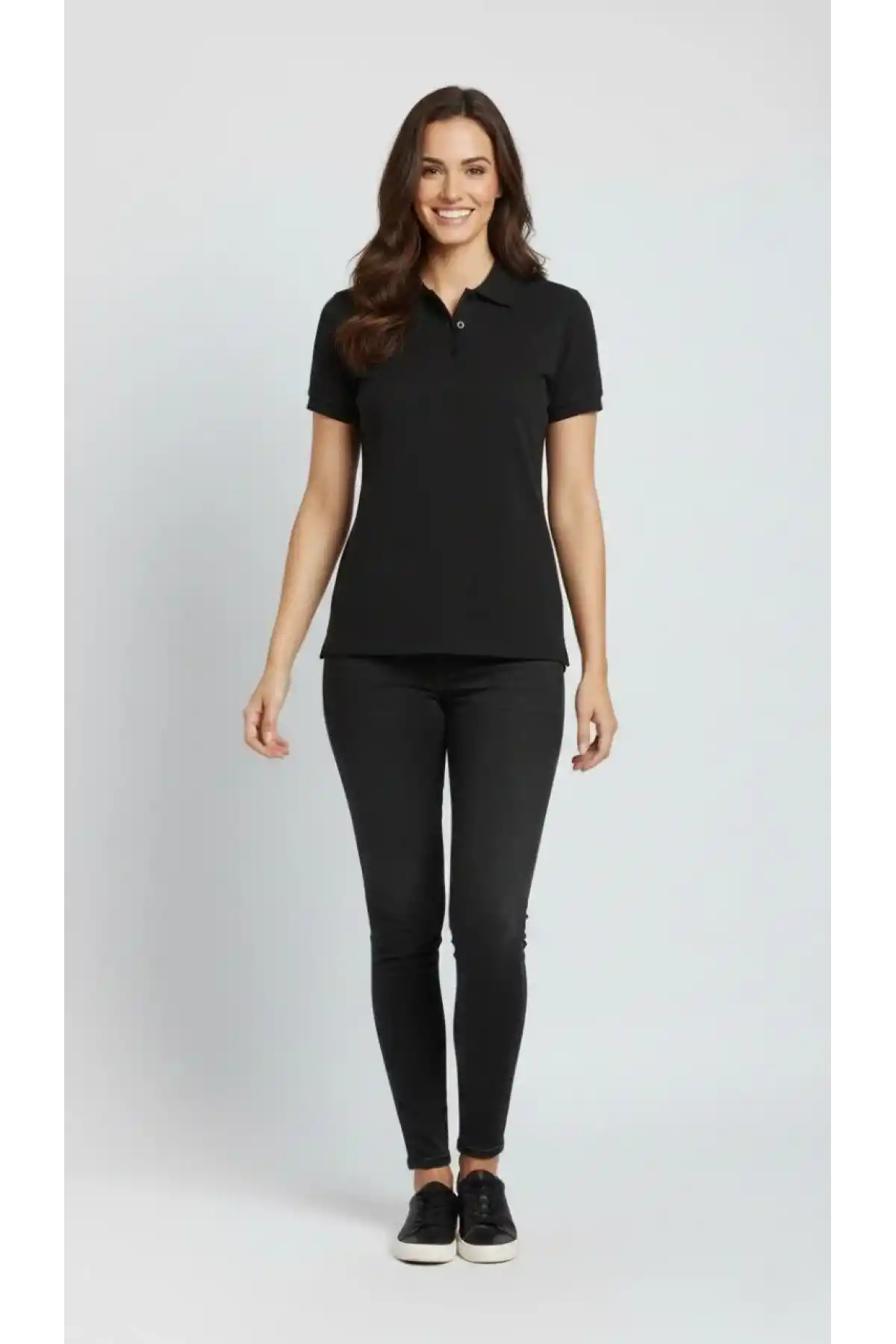 Kadın Pike Kumaş Düğmeli Yaka Regular Rahat Günlük Kısa kol Tişört T-shirt - Siyah