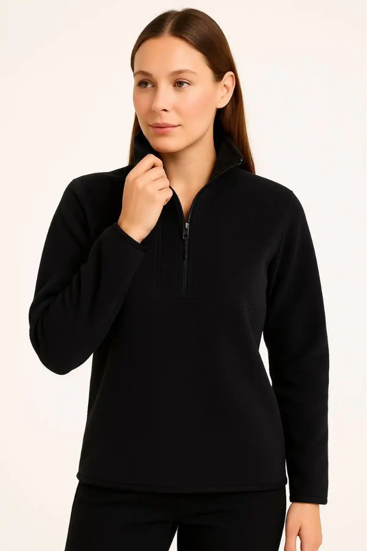 Kadın Polar Kazak – Dik Yaka, Yarım Fermuarlı, Fermuarlı Göğüs Cepli, Siyah Biyeli, Kışlık Rahat Regular Fit Günlük Model - Siyah