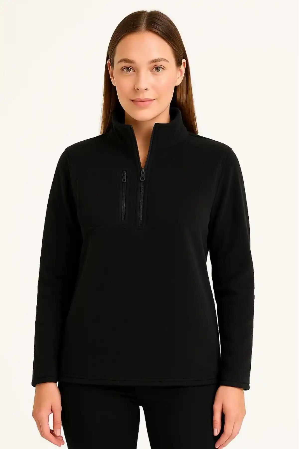 Kadın Polar Kazak – Dik Yaka, Yarım Fermuarlı, Fermuarlı Göğüs Cepli, Siyah Biyeli, Kışlık Rahat Regular Fit Günlük Model - Siyah