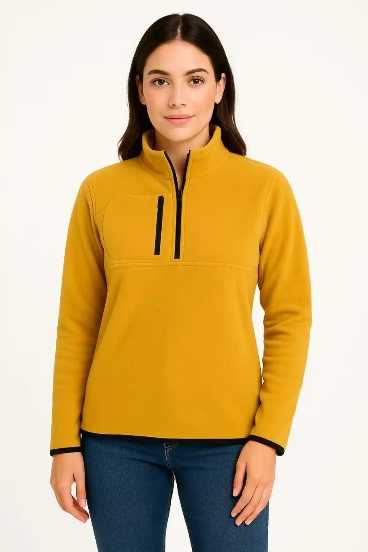 Kadın Polar Kazak – Dik Yaka, Yarım Fermuarlı, Fermuarlı Göğüs Cepli, Siyah Biyeli, Kışlık Rahat Regular Fit Günlük Model - Sarı