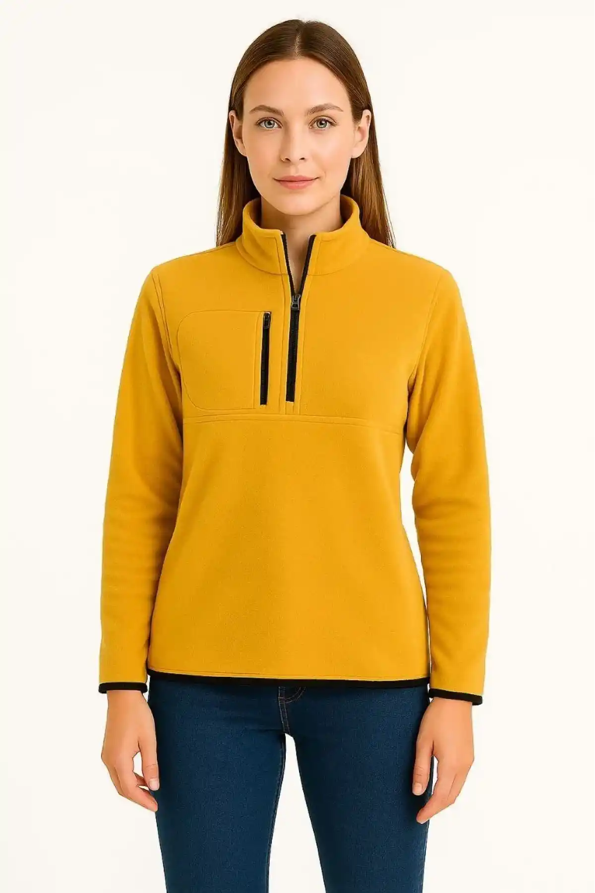 Kadın Polar Kazak – Dik Yaka, Yarım Fermuarlı, Fermuarlı Göğüs Cepli, Siyah Biyeli, Kışlık Rahat Regular Fit Günlük Model - Sarı