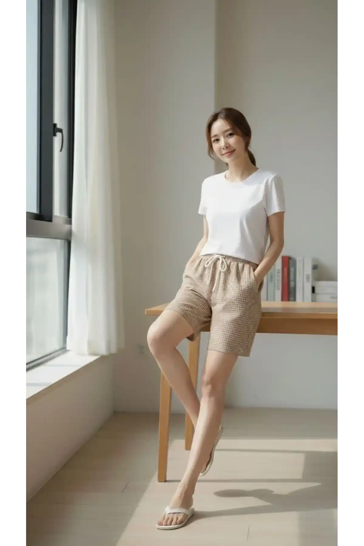 Kadın Pötikareli Şort Beli Lastikli Bağcıklı Cepli Kesim Şort - Bej