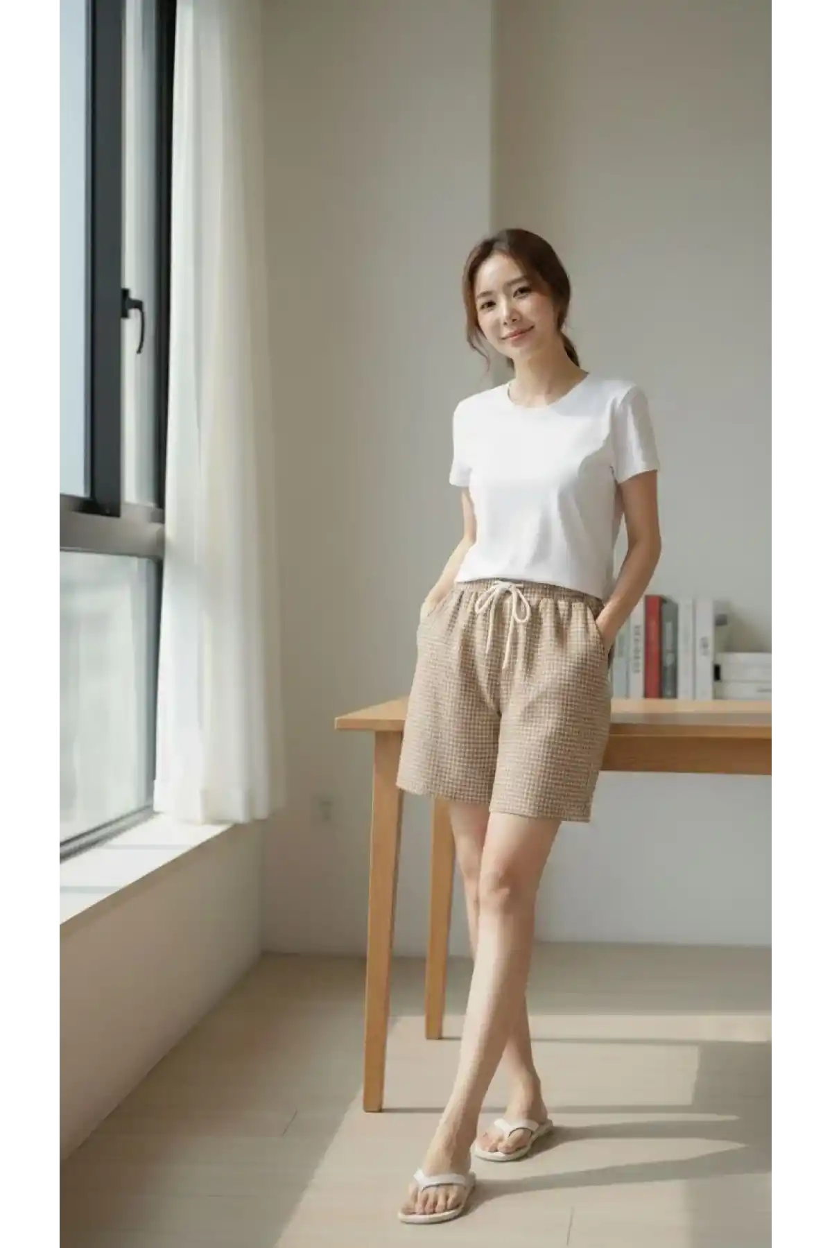 Kadın Pötikareli Şort Beli Lastikli Bağcıklı Cepli Kesim Şort - Bej