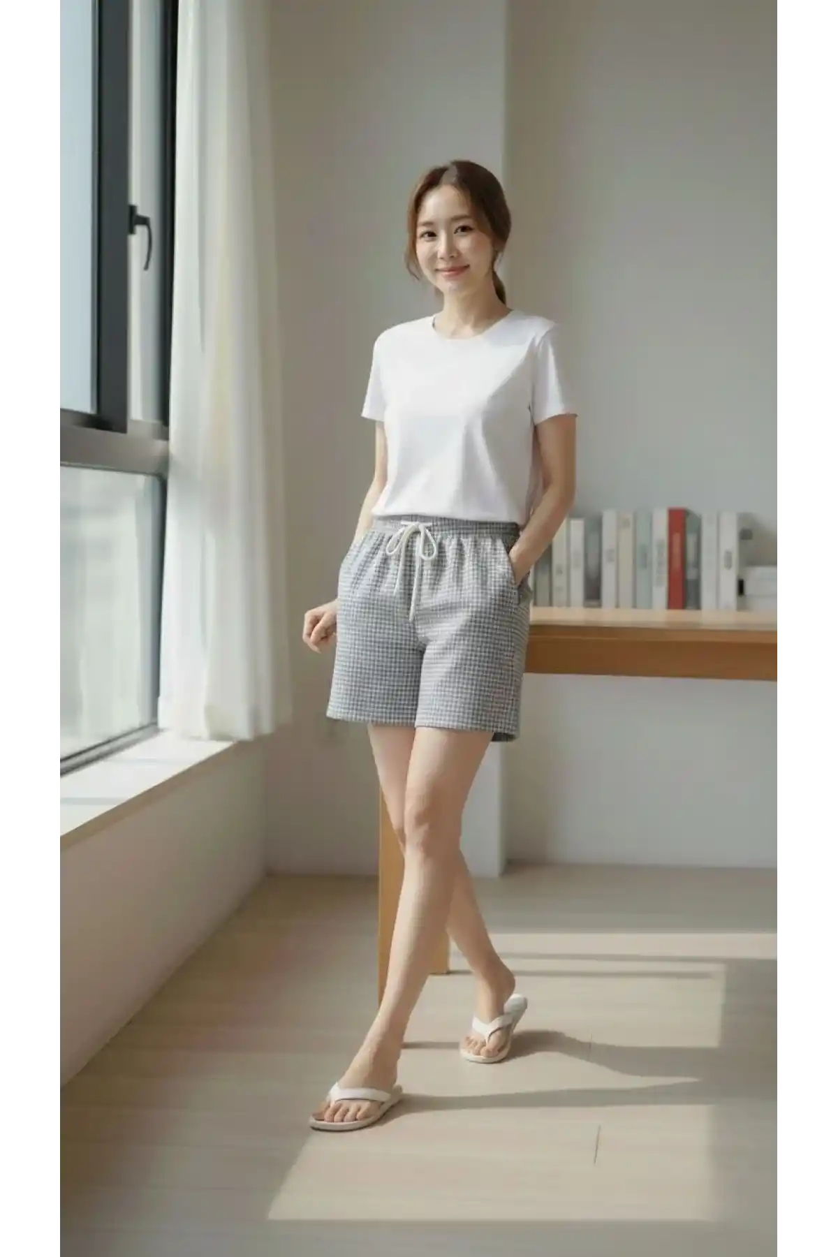 Kadın Pötikareli Şort Beli Lastikli Bağcıklı Cepli Kesim Şort - Füme