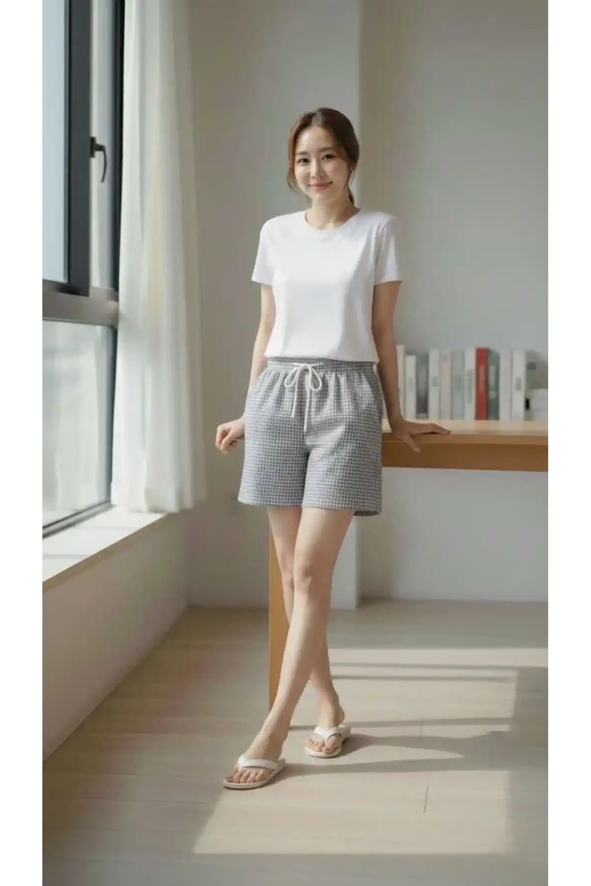 Kadın Pötikareli Şort Beli Lastikli Bağcıklı Cepli Kesim Şort - Füme