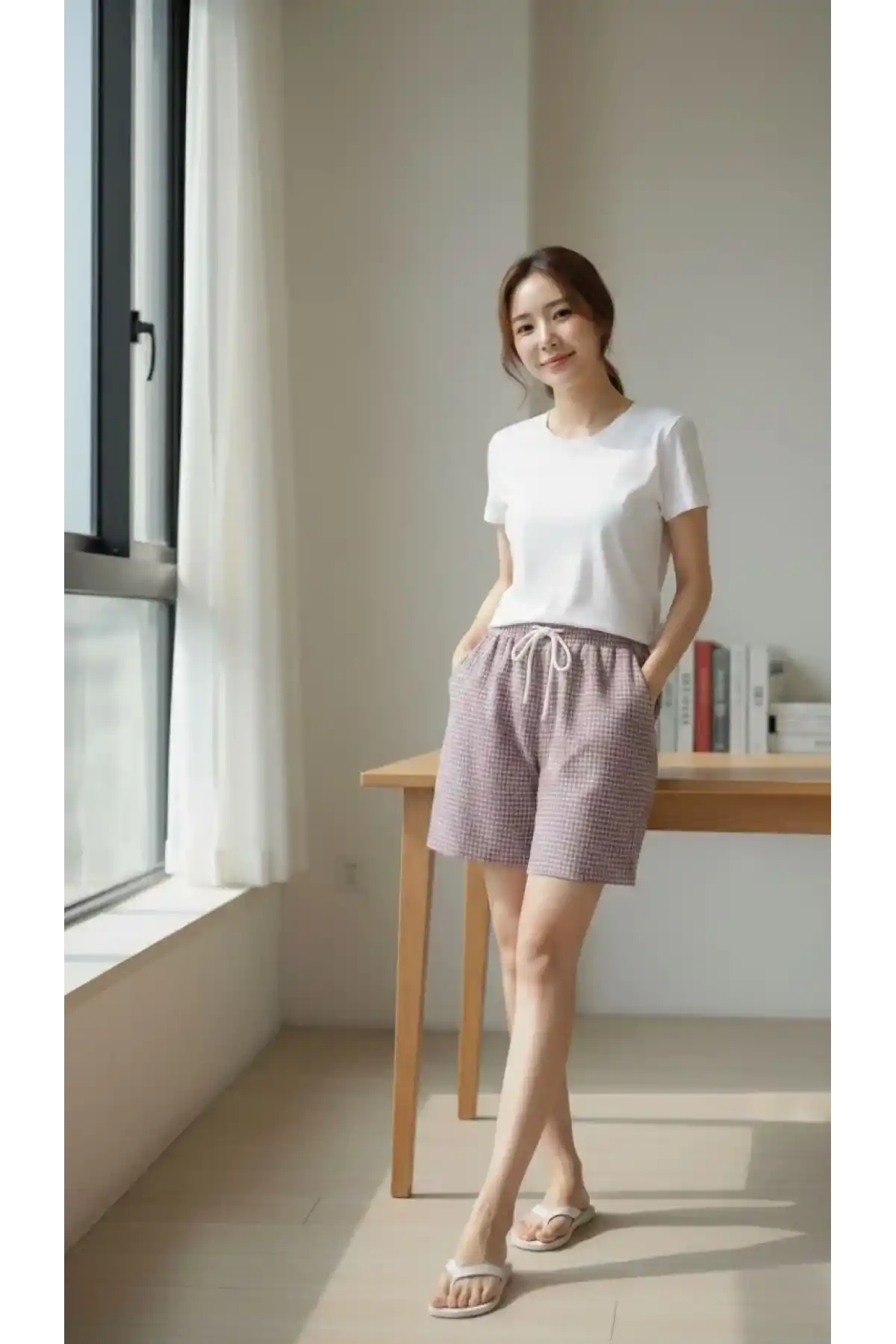 Kadın Pötikareli Şort Beli Lastikli Bağcıklı Cepli Kesim Şort - Gül Kurusu