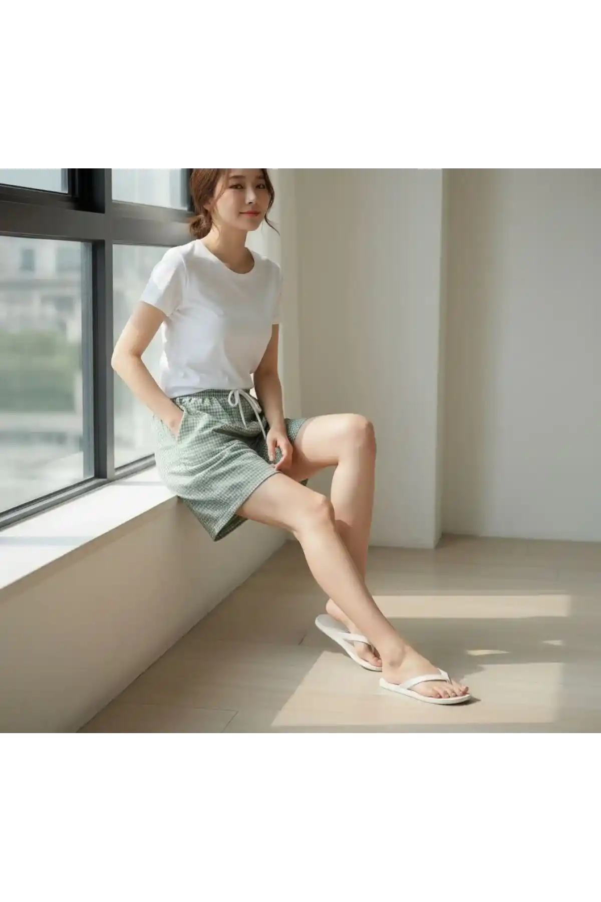 Kadın Pötikareli Şort Beli Lastikli Bağcıklı Cepli Kesim Şort - Mint Yeşili