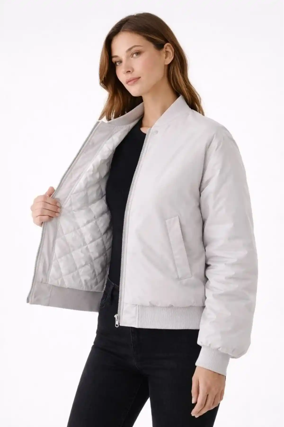 Kadın Premium Bomber Ceket Çıtçıt Kapamalı, Ribana Manşetli, Astarlı, Regular Fit Mont - Beyaz