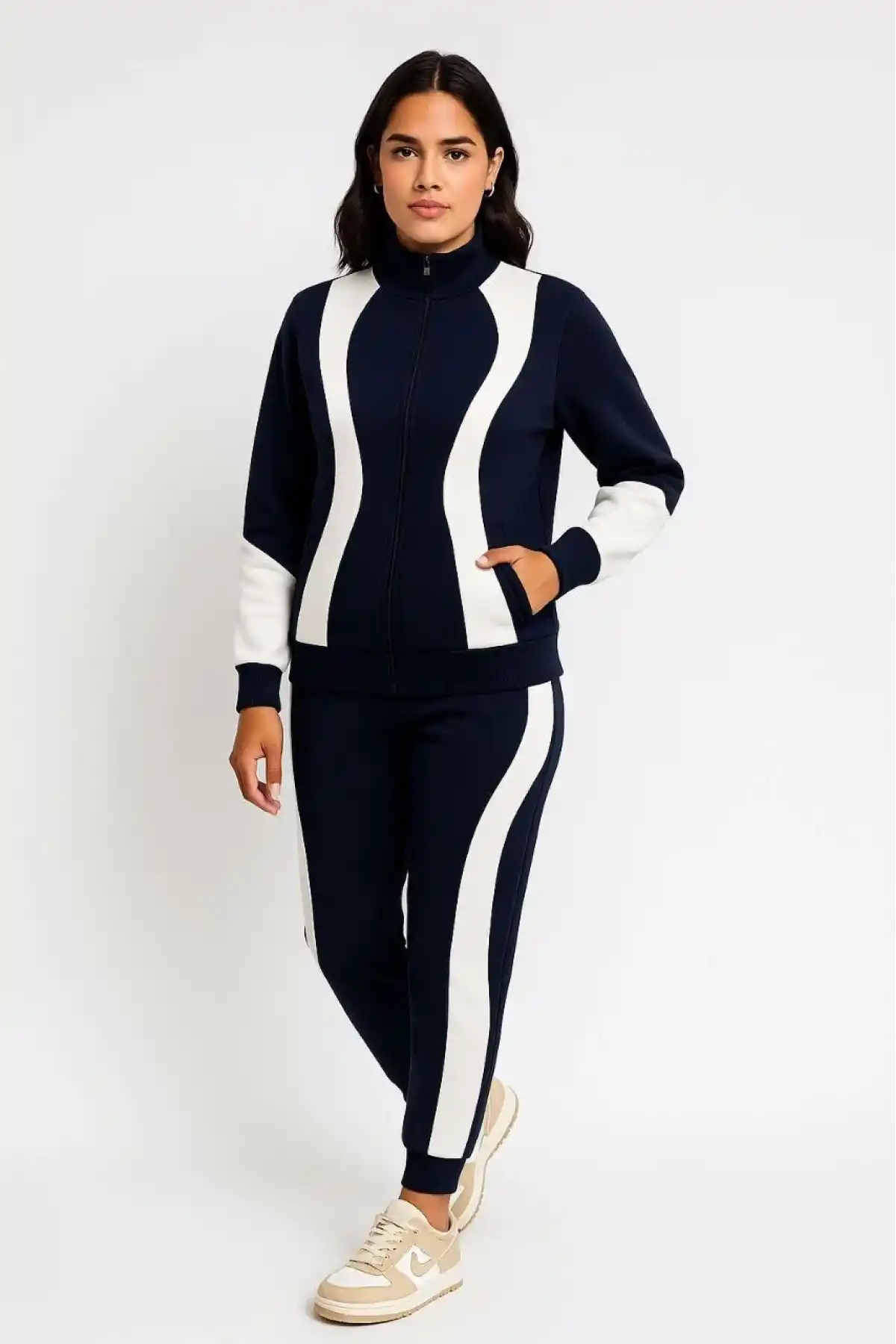 Kadın Premium Parçalı Eşofman Takım - Dik Yaka Fermuarlı Sweatshirt - Siyah