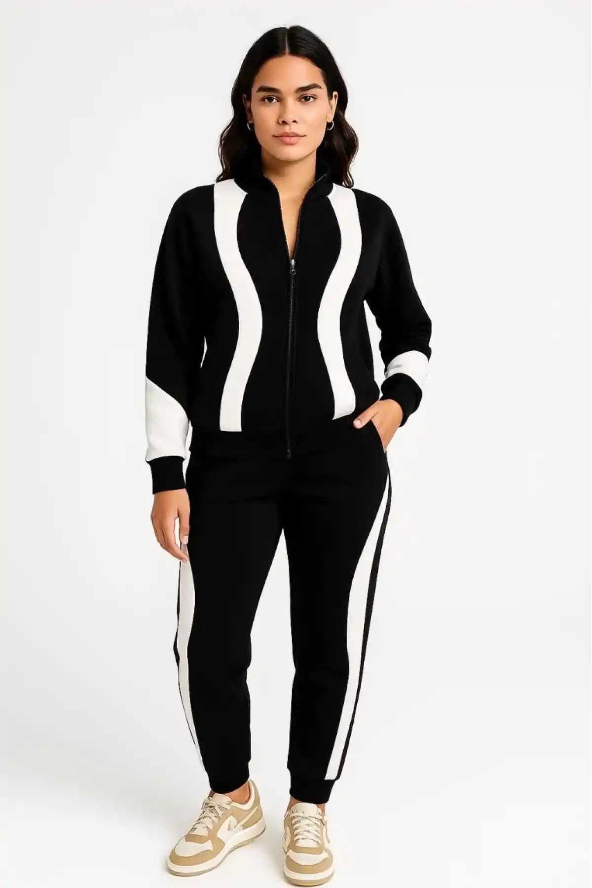 Kadın Premium Parçalı Eşofman Takım - Dik Yaka Fermuarlı Sweatshirt - Siyah