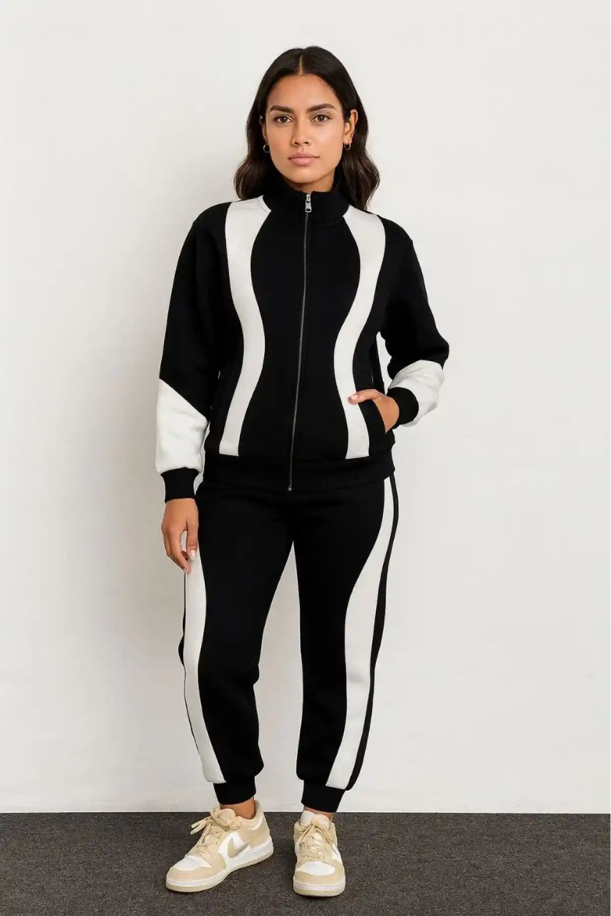 Kadın Premium Parçalı Eşofman Takım - Dik Yaka Fermuarlı Sweatshirt - Siyah