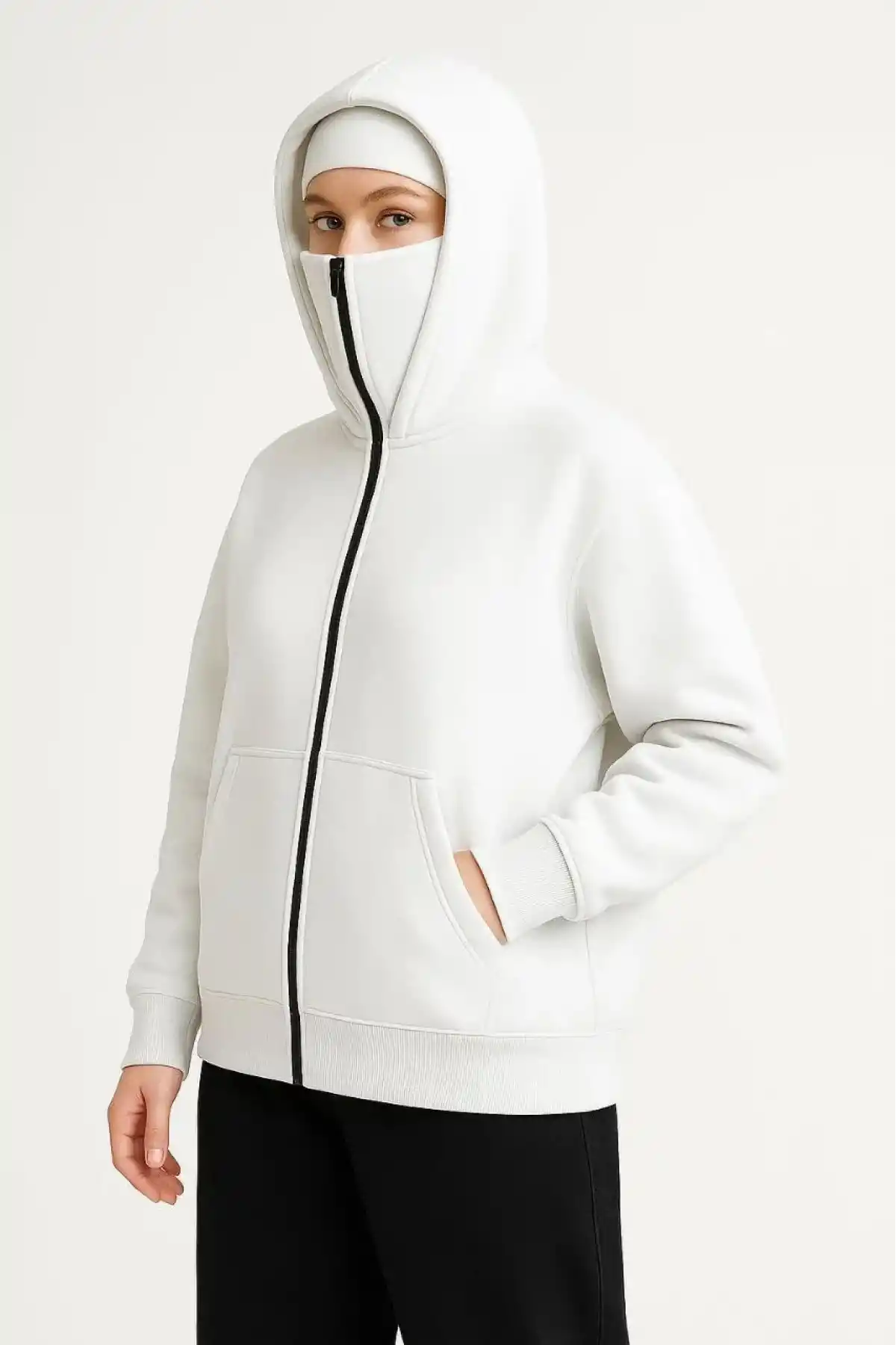 Kadın Samuray Ninja Çift Kapüşonlu Maske Detaylı Fermuarlı Kanguru Cepli Hoodie - Beyaz