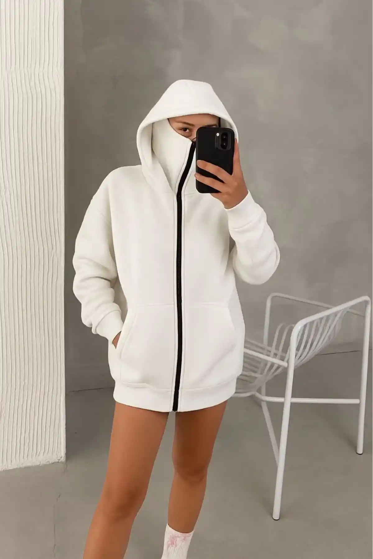 Kadın Samuray Ninja Çift Kapüşonlu Maske Detaylı Fermuarlı Kanguru Cepli Hoodie - Beyaz