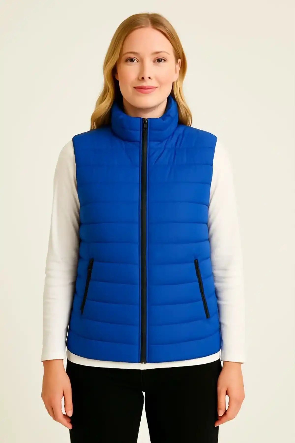 Kadın Şişme Fermuarlı Yelek Su itici Kapitone Astarlı Kumaş Cepli Hafif Kışlık Spor Rahat Kalıp - Saks Mavisi