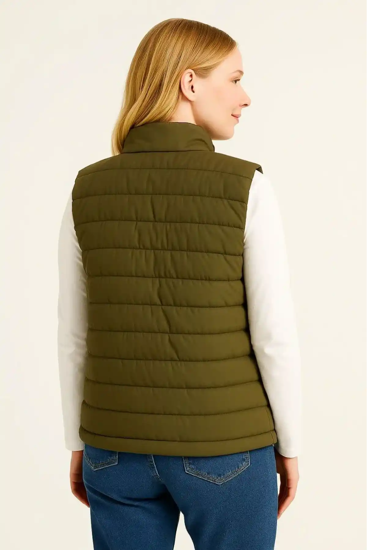 Kadın Şişme Fermuarlı Yelek Su itici Kapitone Astarlı Cepli Hafif Spor Kalıp - Haki