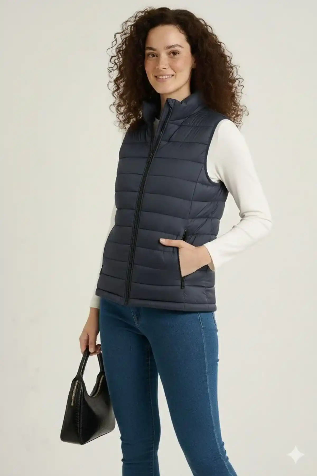 Kadın Şişme Fermuarlı Yelek Su itici Kapitone Astarlı Kumaş Cepli Hafif Kışlık Spor Rahat Kalıp - Lacivert