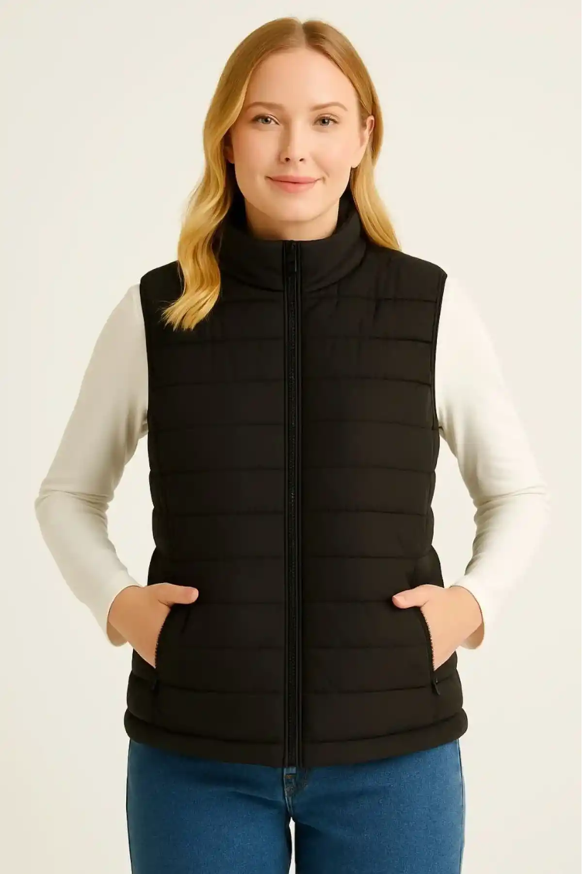 Kadın Şişme Fermuarlı Yelek Su itici Kapitone Astarlı Cepli Hafif Spor Kalıp - Siyah