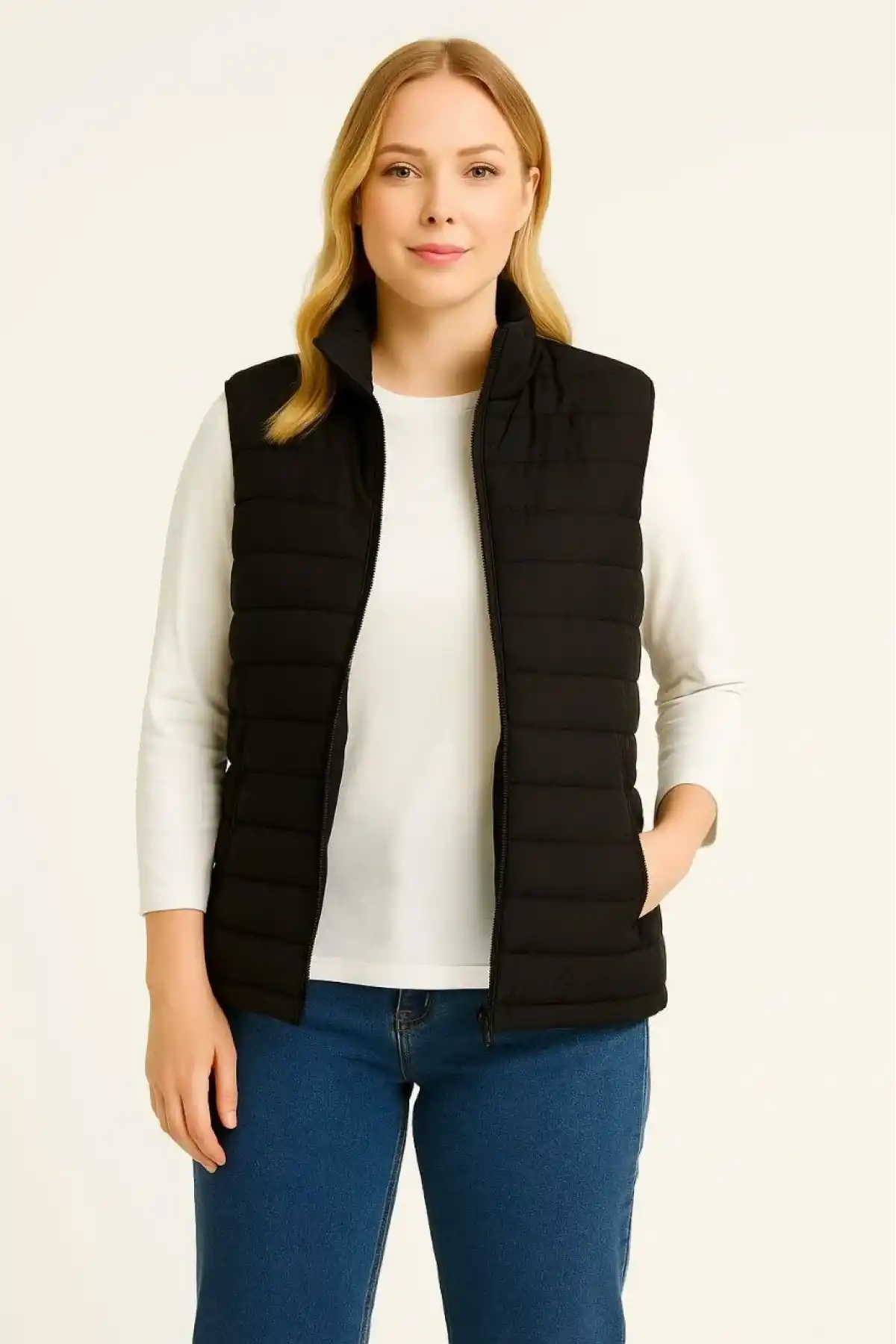 Kadın Şişme Fermuarlı Yelek Su itici Kapitone Astarlı Cepli Hafif Spor Kalıp - Siyah