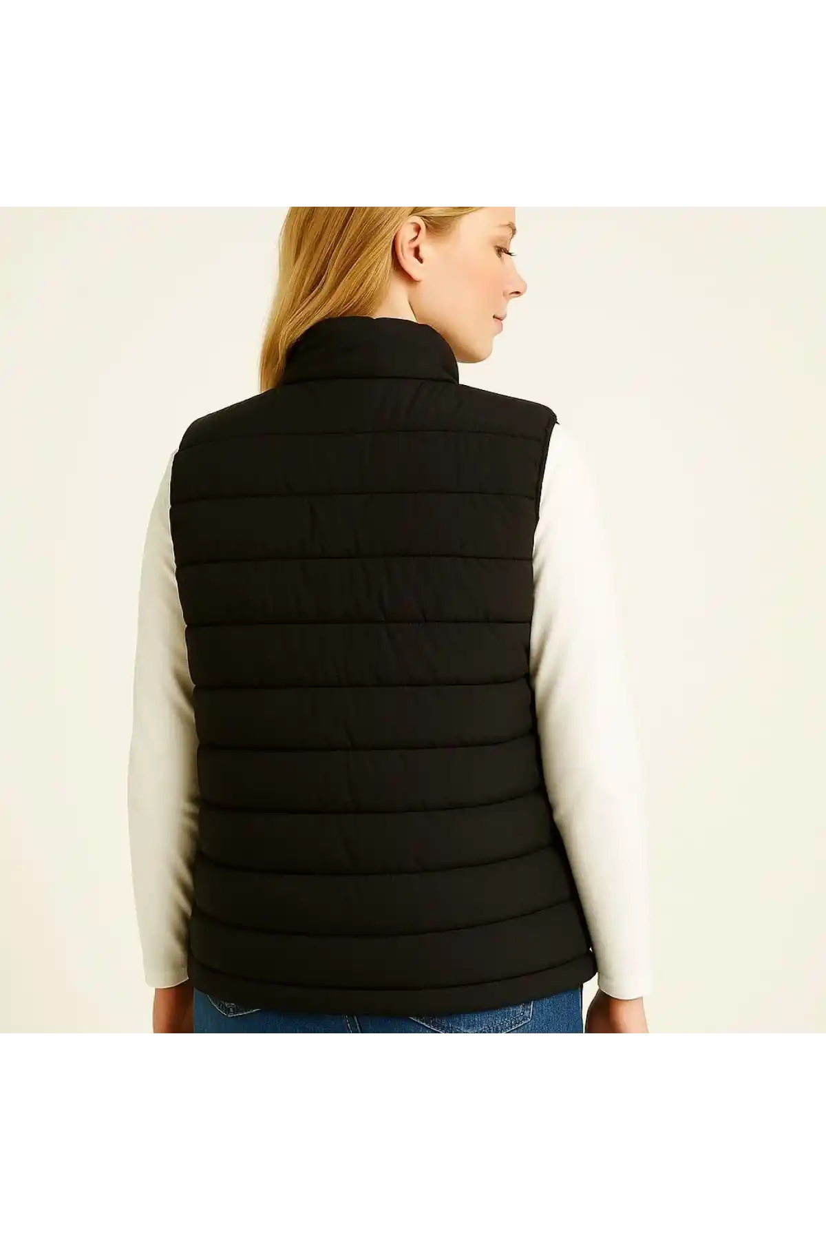 Kadın Şişme Fermuarlı Yelek Su itici Kapitone Astarlı Cepli Hafif Spor Kalıp - Siyah