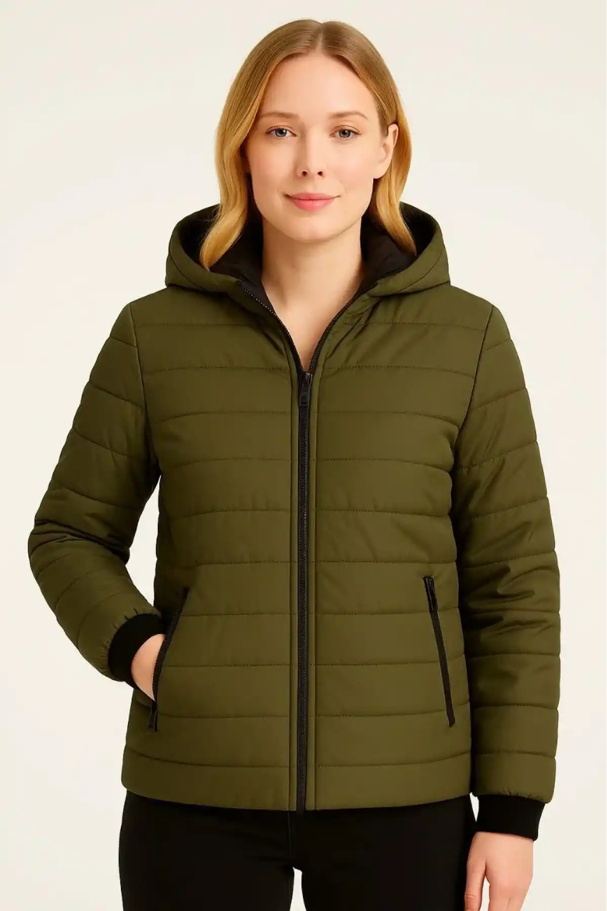 Kadın Şişme Kapüşonlu Fermuarlı Mont Su itici Kapitone Astarlı Kumaş Cepli Kışlık Rahat Kalıp - Haki