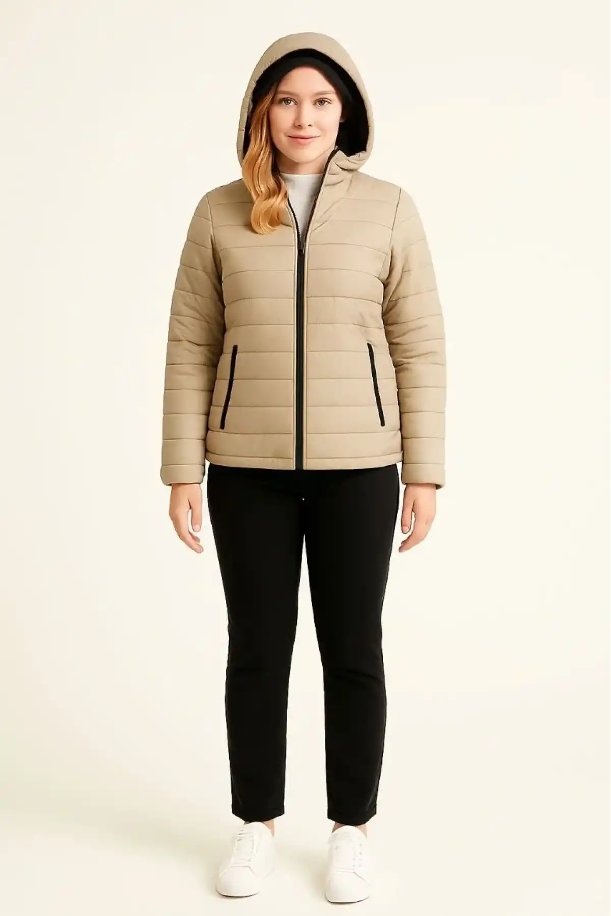 Kadın Şişme Kapüşonlu Fermuarlı Mont Su itici Kapitone Astarlı Kumaş Cepli Kışlık Rahat Kalıp - Bej