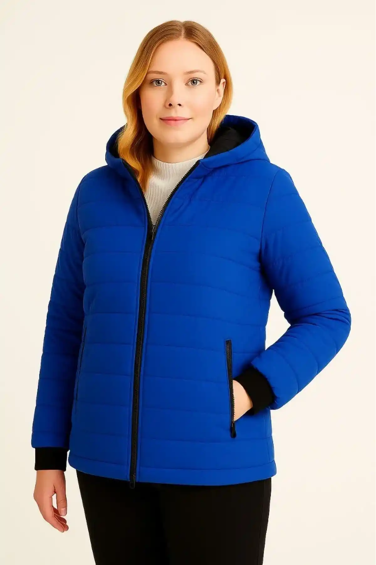 Kadın Şişme Kapüşonlu Fermuarlı Mont Su itici Kapitone Astarlı Cepli Kalıp - Saks Mavisi