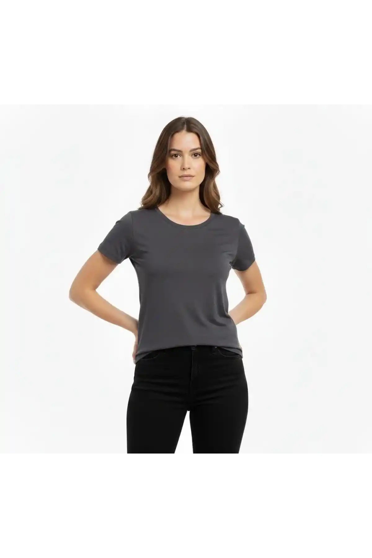 Kadın T-Shirt Bisiklet Yaka Slim Fit Likralı Tişört Günlük Basic Body - Füme