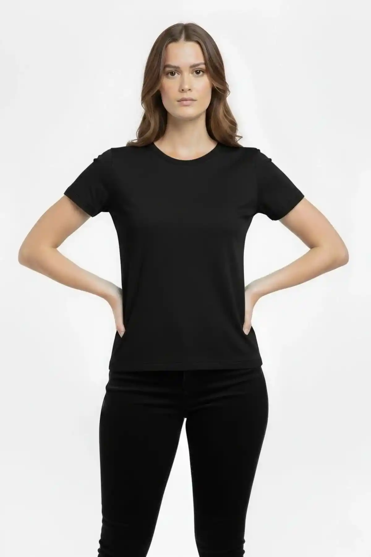 Kadın T-Shirt Bisiklet Yaka Slim Fit Likralı Tişört Günlük Basic Body - Siyah